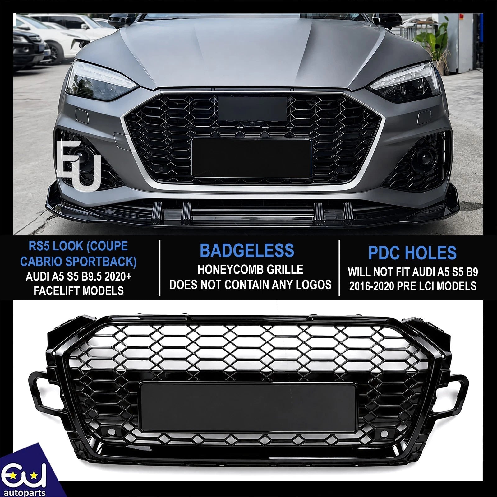 RS5 STYLE HONEYCOMB GRILLE FOR AUDI A5 S5 B9.5 COUPE CABRIO SPORTBACK 2020+