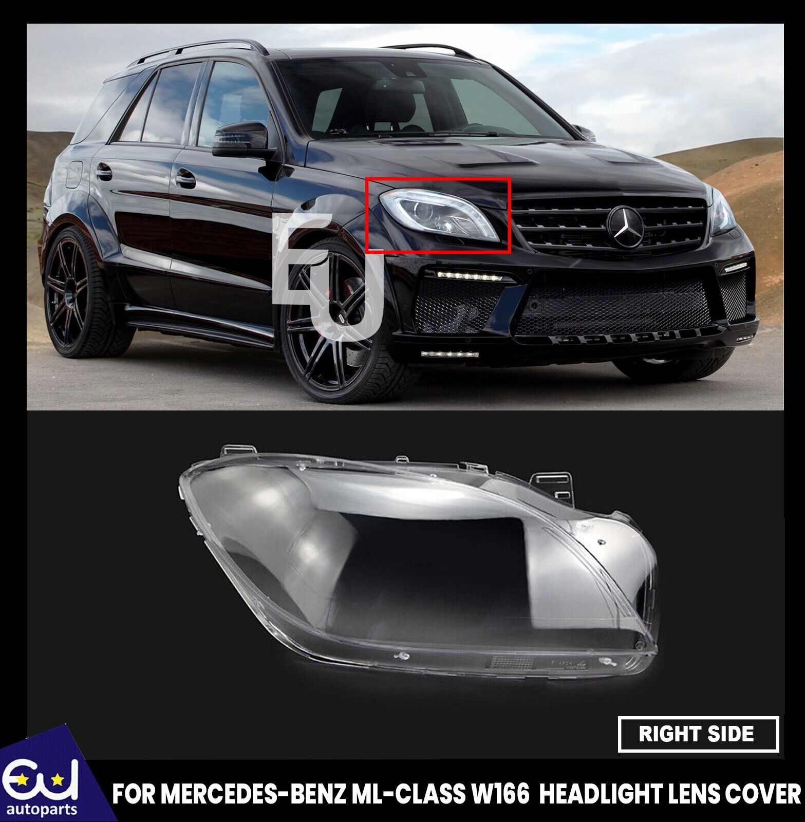 RIGHT DRIVER SIDE HEADLIGHT LENS COVER FOR MERCEDES-BENZ ML CLASS W166 2012-2014