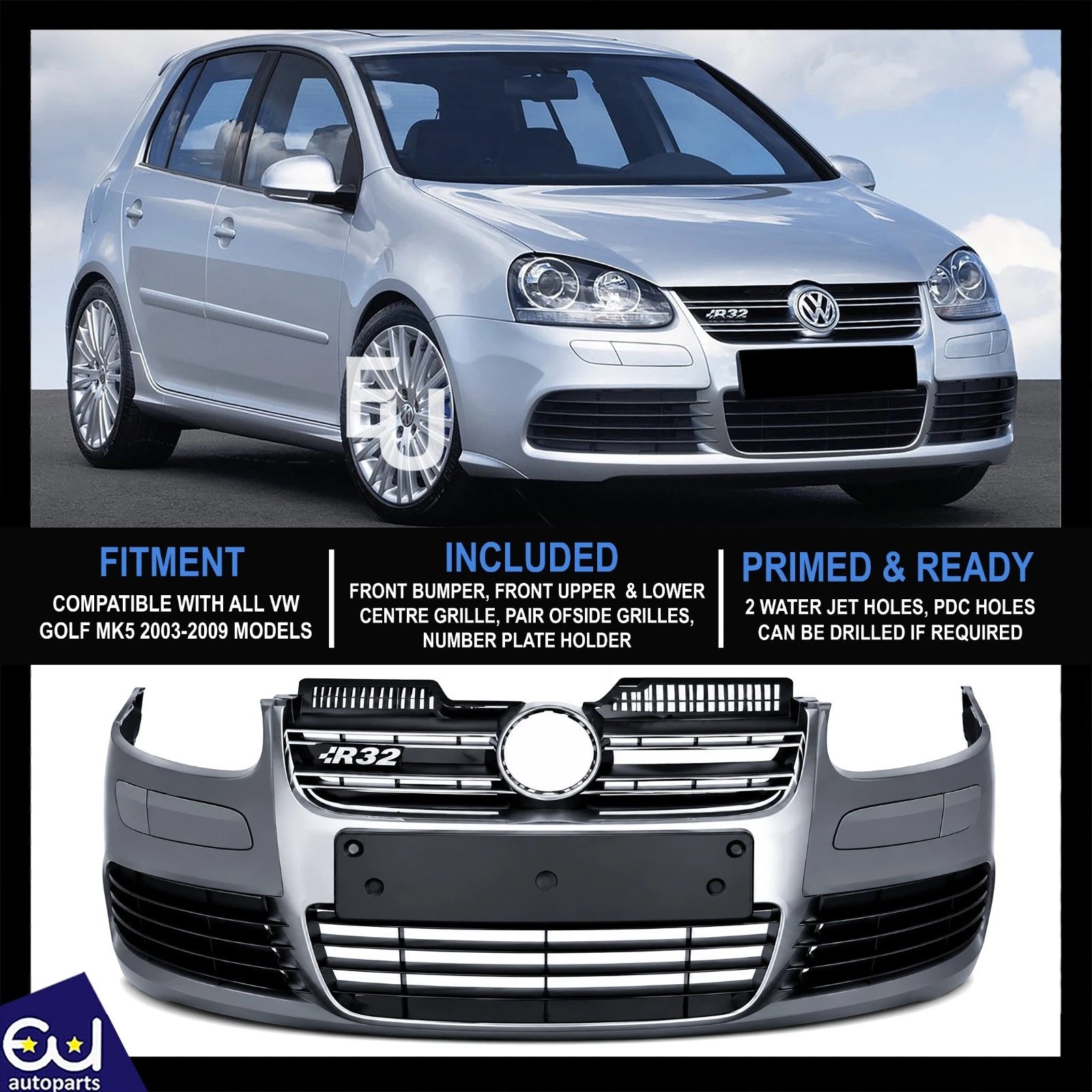 MK5 R32 CONVERSION LOOK FRONT BUMPER BODYKIT PRIMED FOR VW GOLF MK5 2003-2009