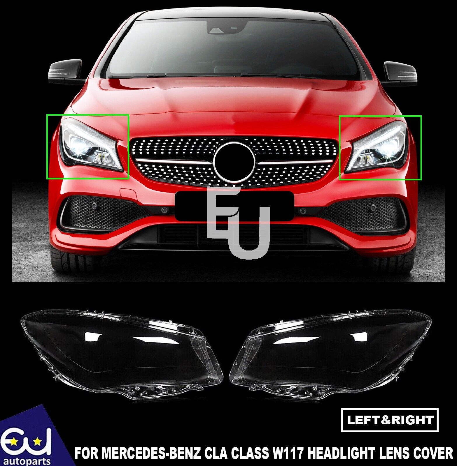 PAIR HEADLIGHT LENS HEADLAMP COVER FOR MERCEDES CLA CLASS W117 C117 2014-2016