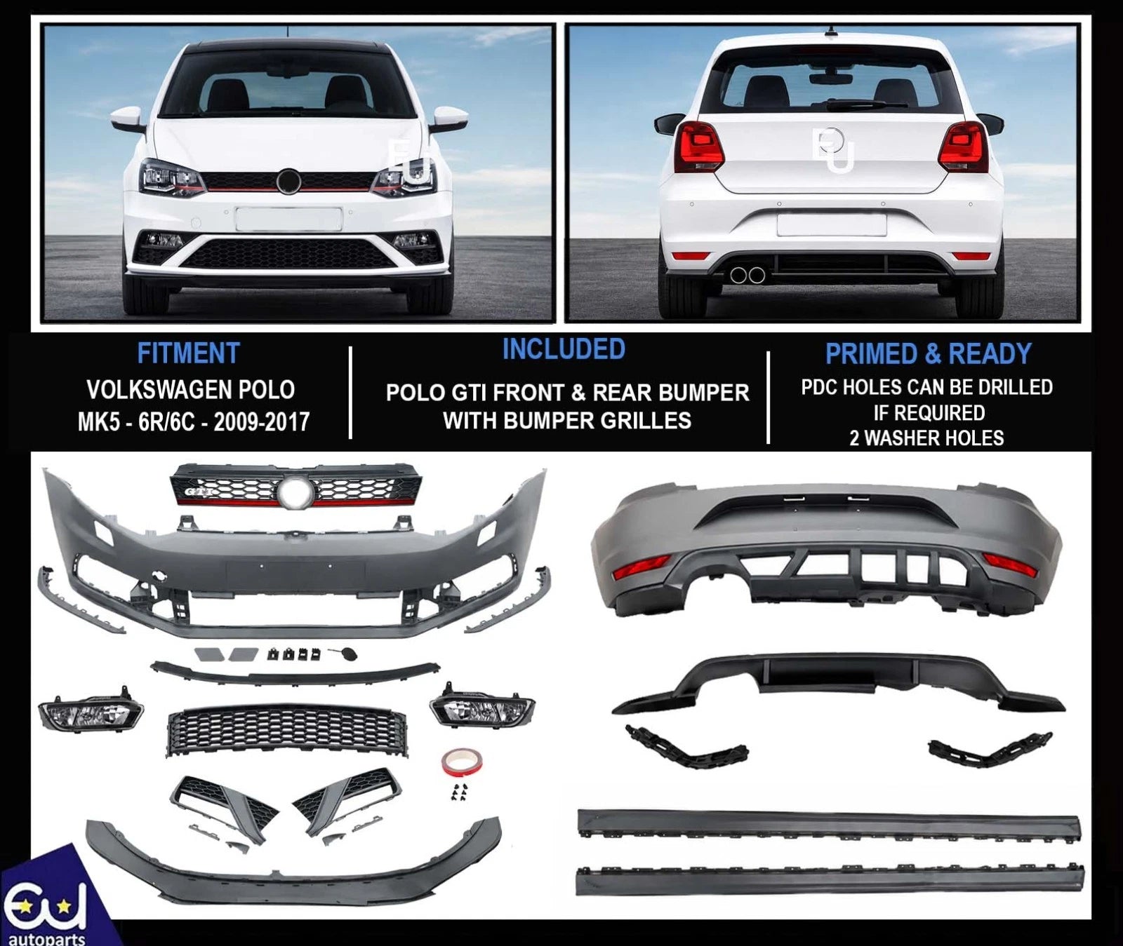 FOR VW VOLKSWAGEN POLO MK5 6R 6C 2009-2017 FRONT & REAR BUMPER KIT GTI STYLE