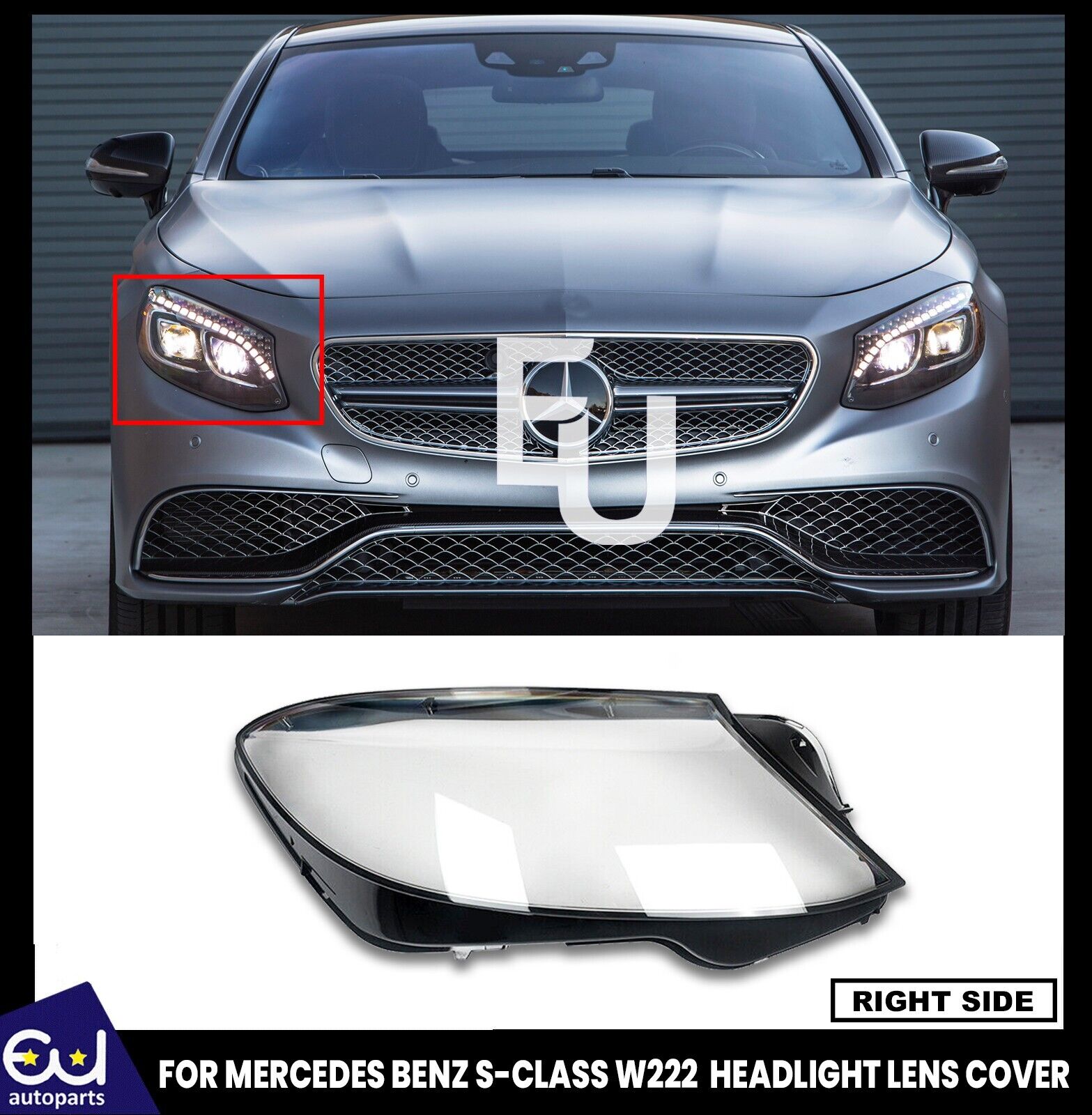 HEADLIGHT GLASS LENS COVER FOR MERCEDES S-CLASS W222 14-17 RIGHT DRIVER SIDE
