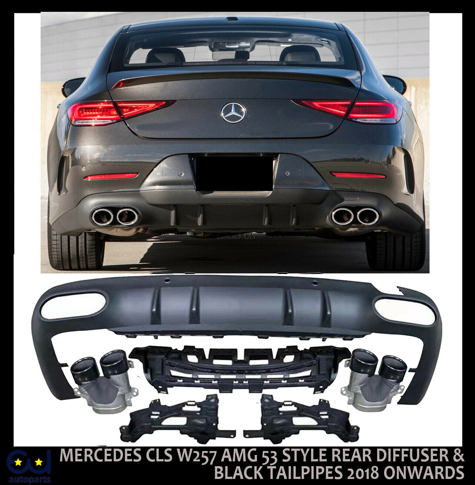 FOR MERCEDES CLS C257 AMG 53 STYLE REAR DIFFUSER & BLACK TAILPIPES 2018 ONWARDS