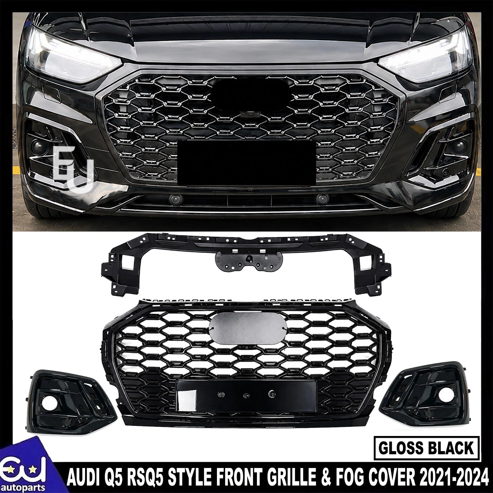 RSQ5 STYLE FRONT HONEYCOMB GRILLE & FOG COVER BLACK FOR AUDI Q5 2021-2024