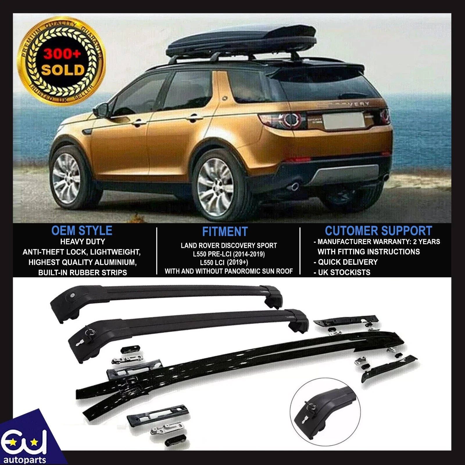 FOR LAND ROVER DISCOVERY SPORT L550 ROOF RAILS RACK CROSS BARS KIT BLACK 2014+