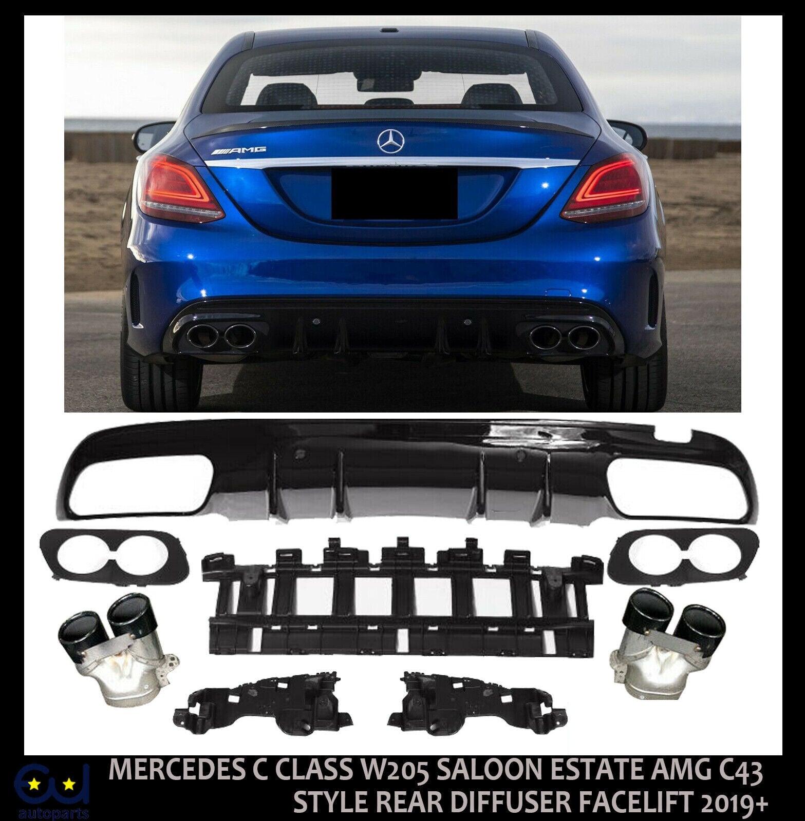 REAR DIFFUSER FOR MERCEDES C CLASS W205 SALOON ESTATE AMG C43 STYLE FACELIFT 19+