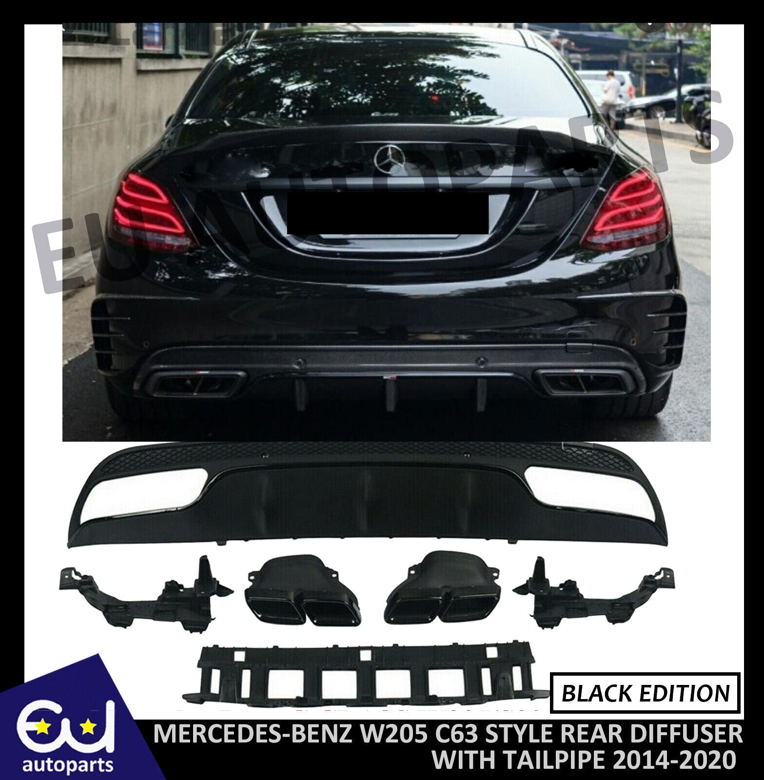 FOR MERCEDES-BENZ W205 14-20 BLACK EDITION REAR DIFFUSER+EXHAUST TIPS C63 STYLE