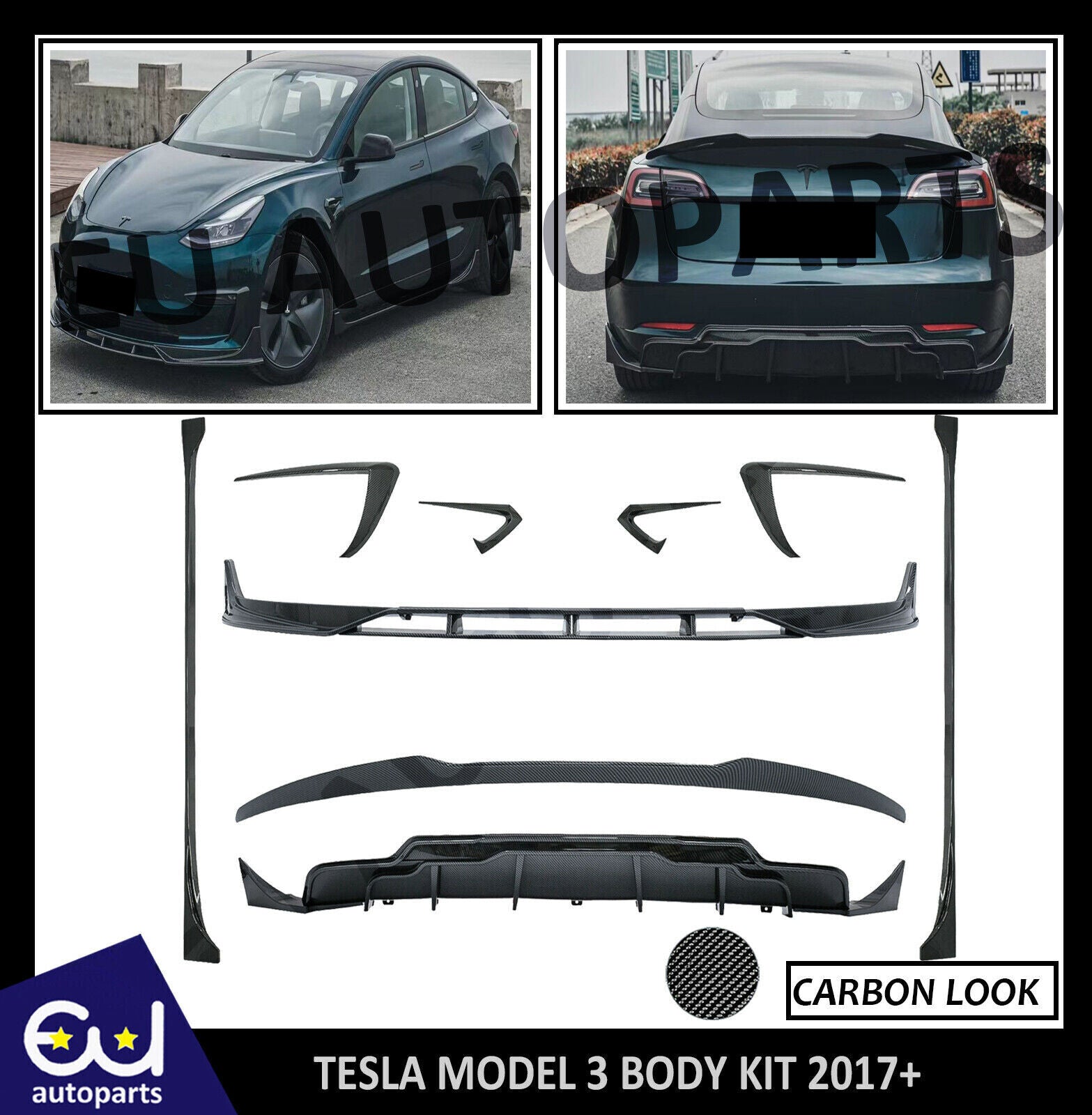 FOR TESLA MODEL 3 BODYKIT BODY KIT FRONT LIP DIFFUSER SIDE SKIRT CARBON LOOK 17+