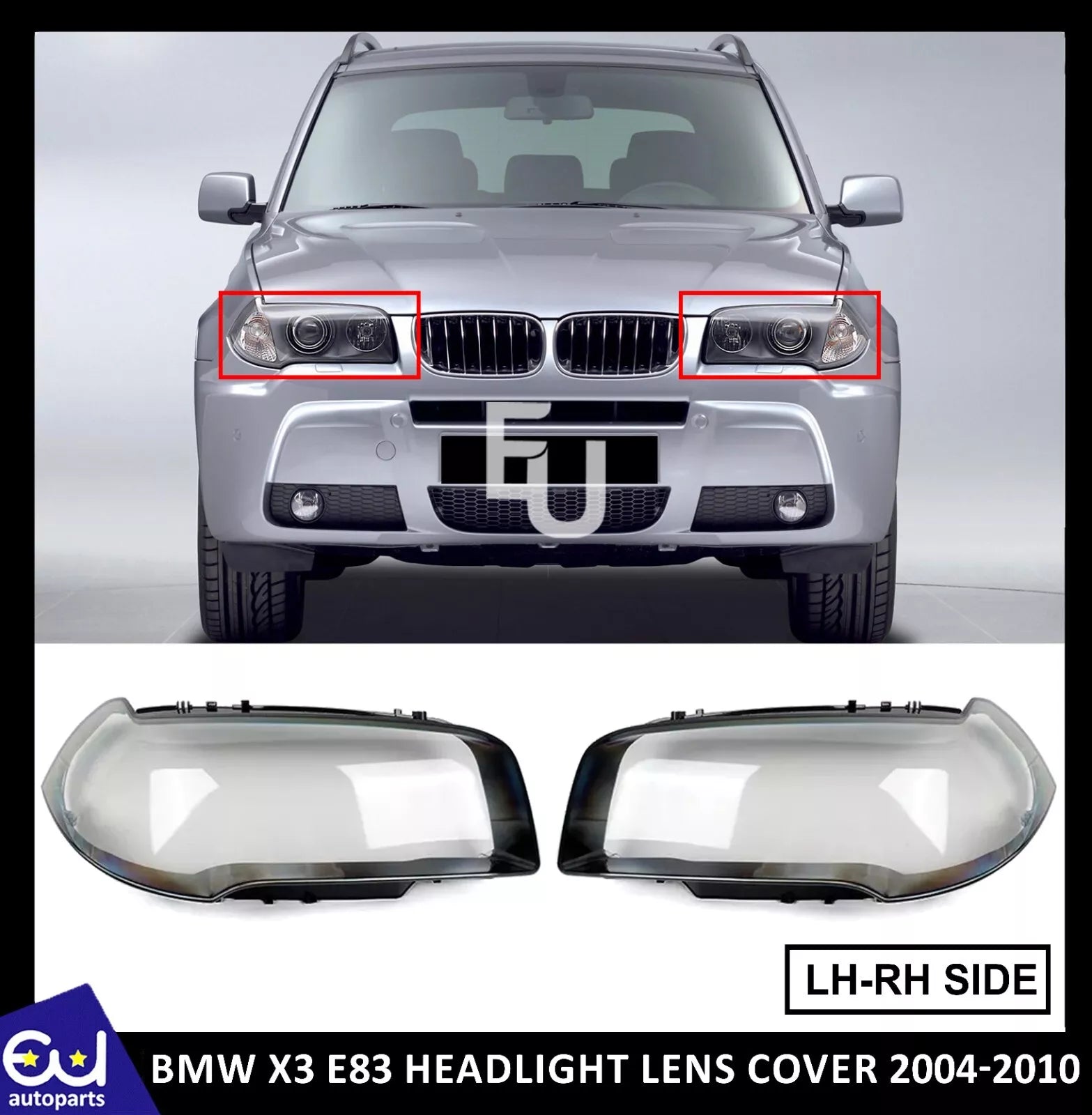 PAIR FRONT HEADLIGHT LENS REPLACEMENT COVER LEFT RIGHT FOR BMW X3 E83 2004-2010