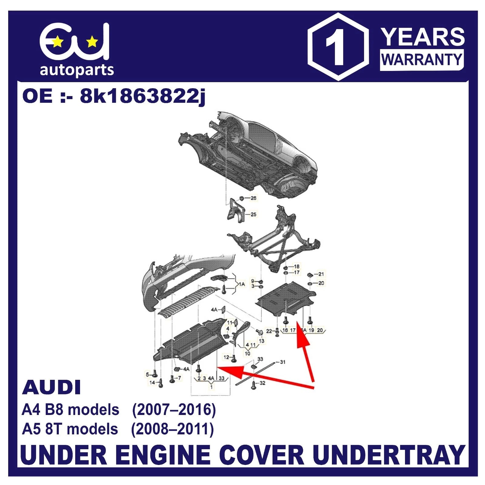 UNDER ENGINE COVER UNDERTRAY FOR AUDI A4 B8 2007-2016 A5 8T 2008-2011 8K1863822S