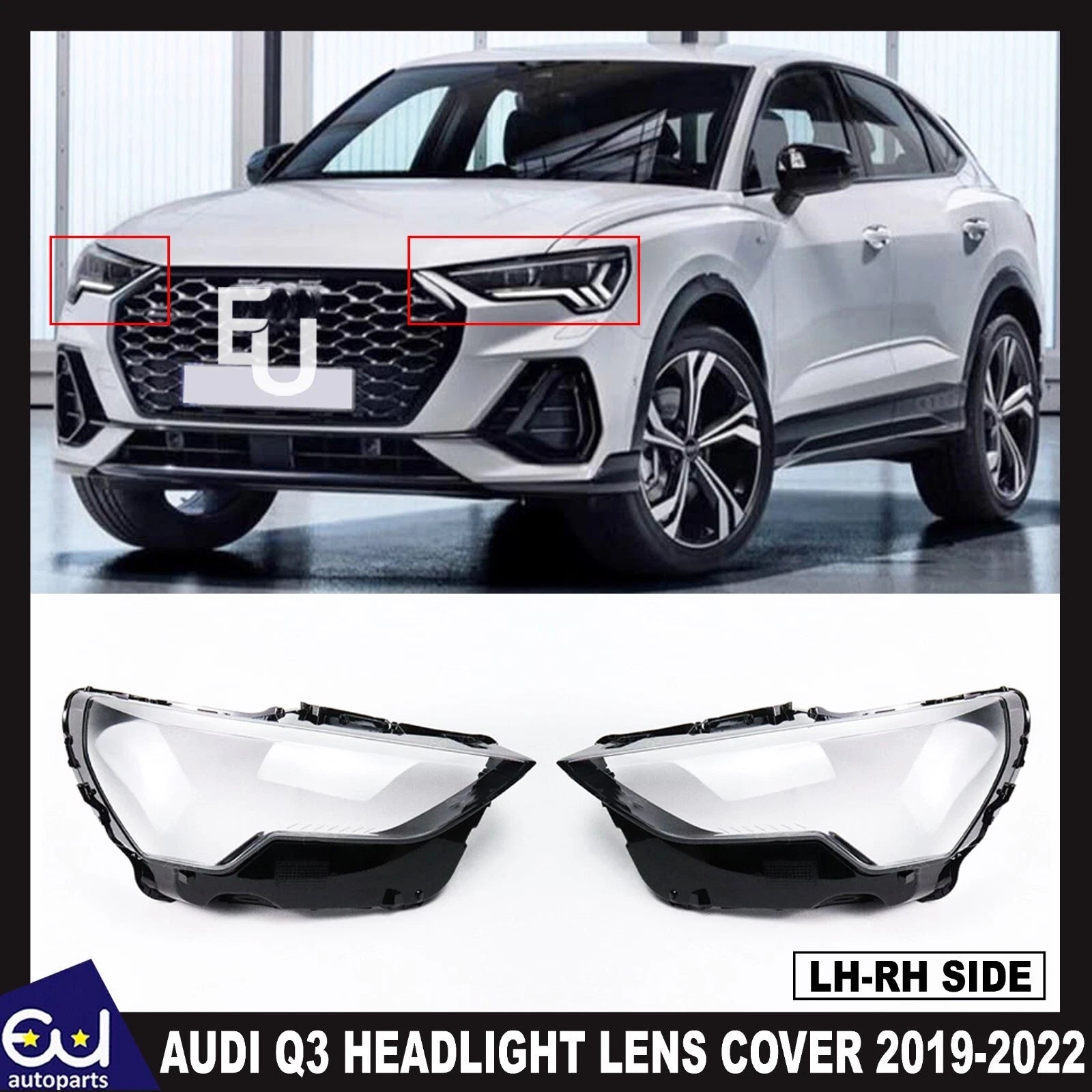 PAIR FRONT CLEAR CAR HEADLIGHT COVER LENS SHELL LAMPSHADE FOR AUDI Q3 2019-2022