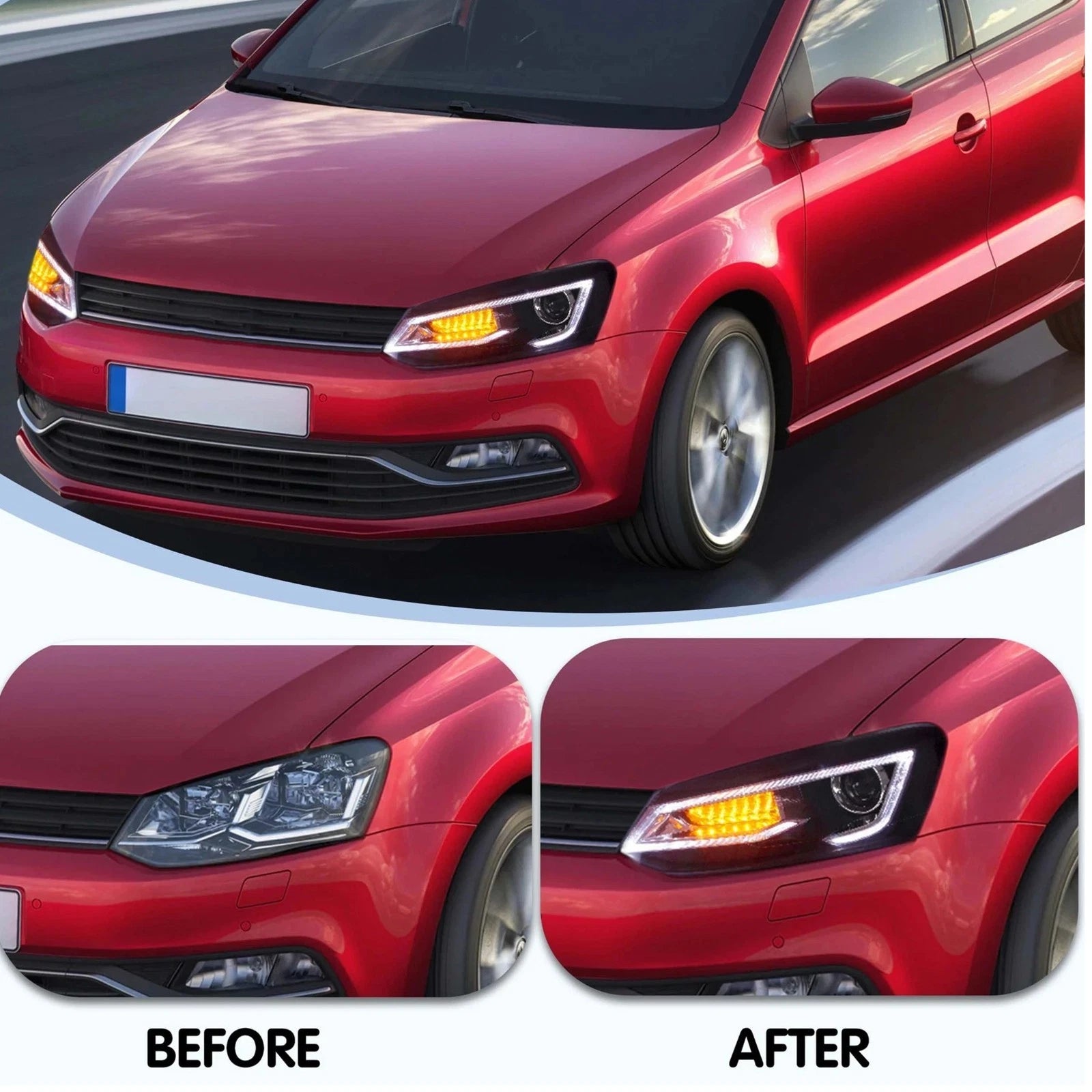 LED HEADLIGHT SMOKED REAR TAIL LIGHTS LAMP SET FOR VW POLO 11-17 WITH SEQUENTIAL