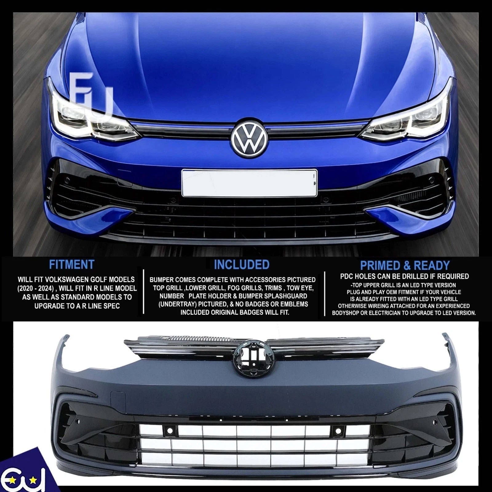 FOR VOLKSWAGEN GOLF R LINE MK8 2020-2024 FRONT BUMPER COMPLETE LED GRILL+TRIMS
