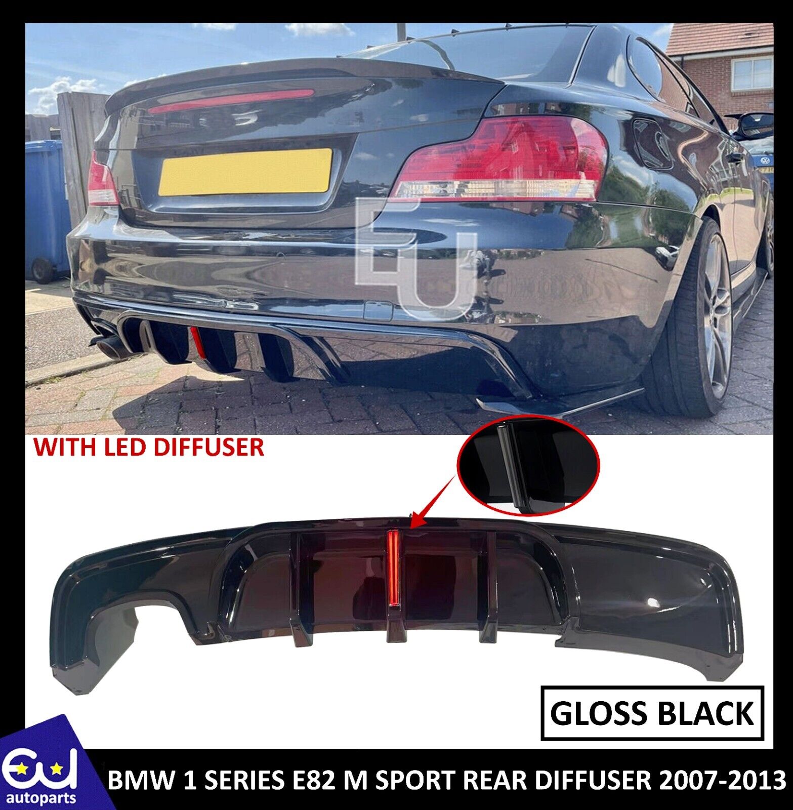 FOR BMW 1 SERIES E82 COUPE M SPORT REAR DIFFUSER GLOSS BLACK 07-13 WITH LED