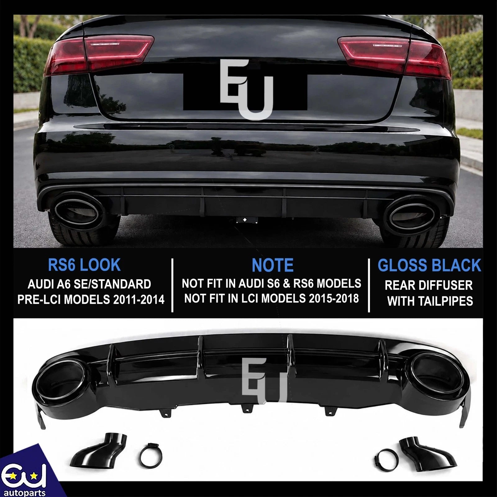 FOR AUDI A6 C7 SE STANDARD RS6 LOOK GLOSS REAR BUMPER DIFFUSER TAILPIPE 11-14