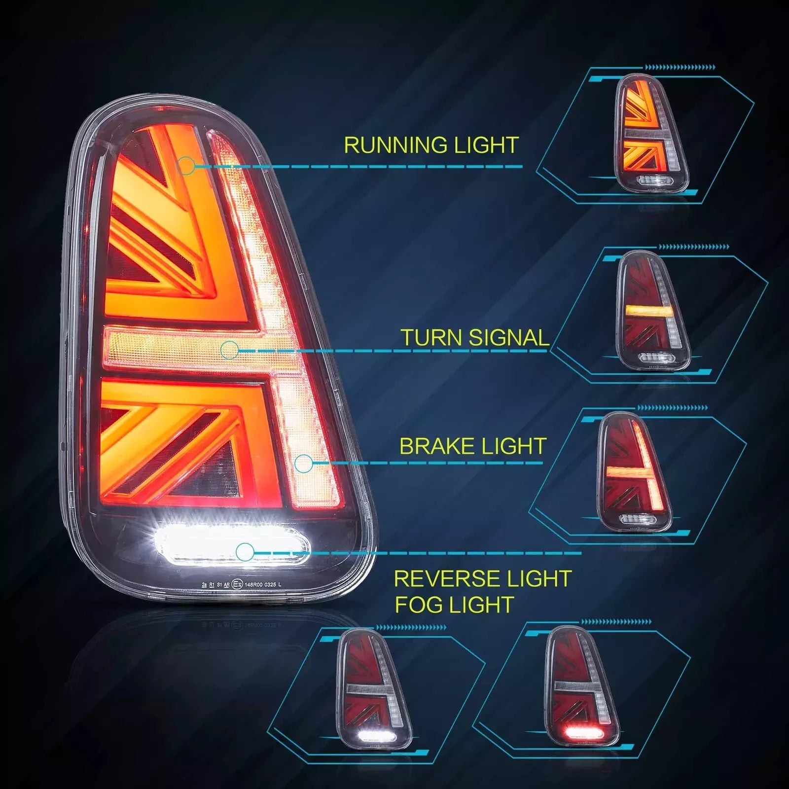 FOR MINI COOPER S R50 R52 R53 UNION JACK TAIL LIGHTS LAMP W/ANIMATION 2001-2006