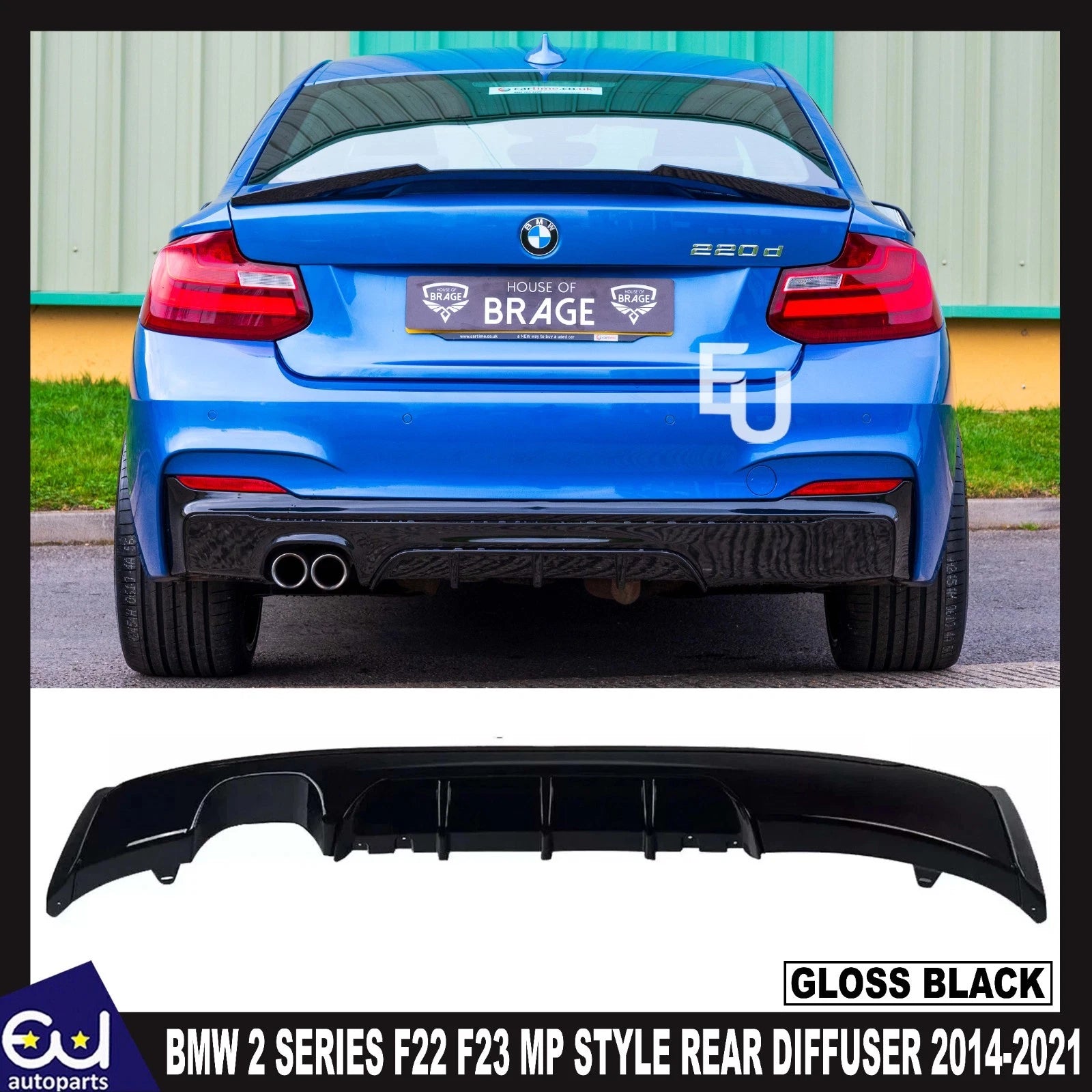 FOR BMW 2 SERIES F22 F23 MP STYLE REAR BUMPER DIFFUSER DUAL EXHAUST GLOSS BLACK