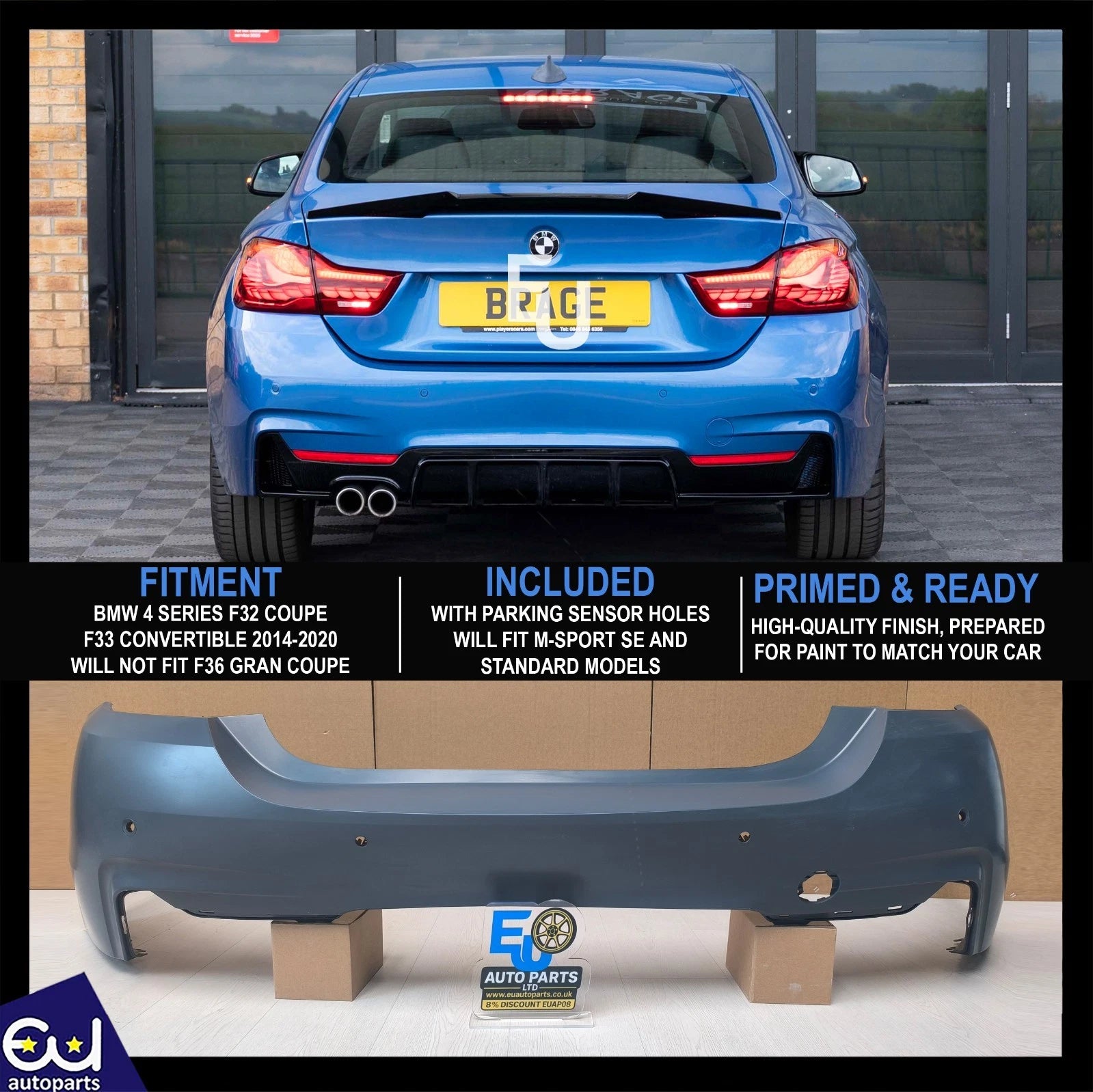 FOR BMW 4 SERIES F32 COUPE F33 CONVERTIBLE 2014-20 M-SPORT REAR BUMPER WITH PDC