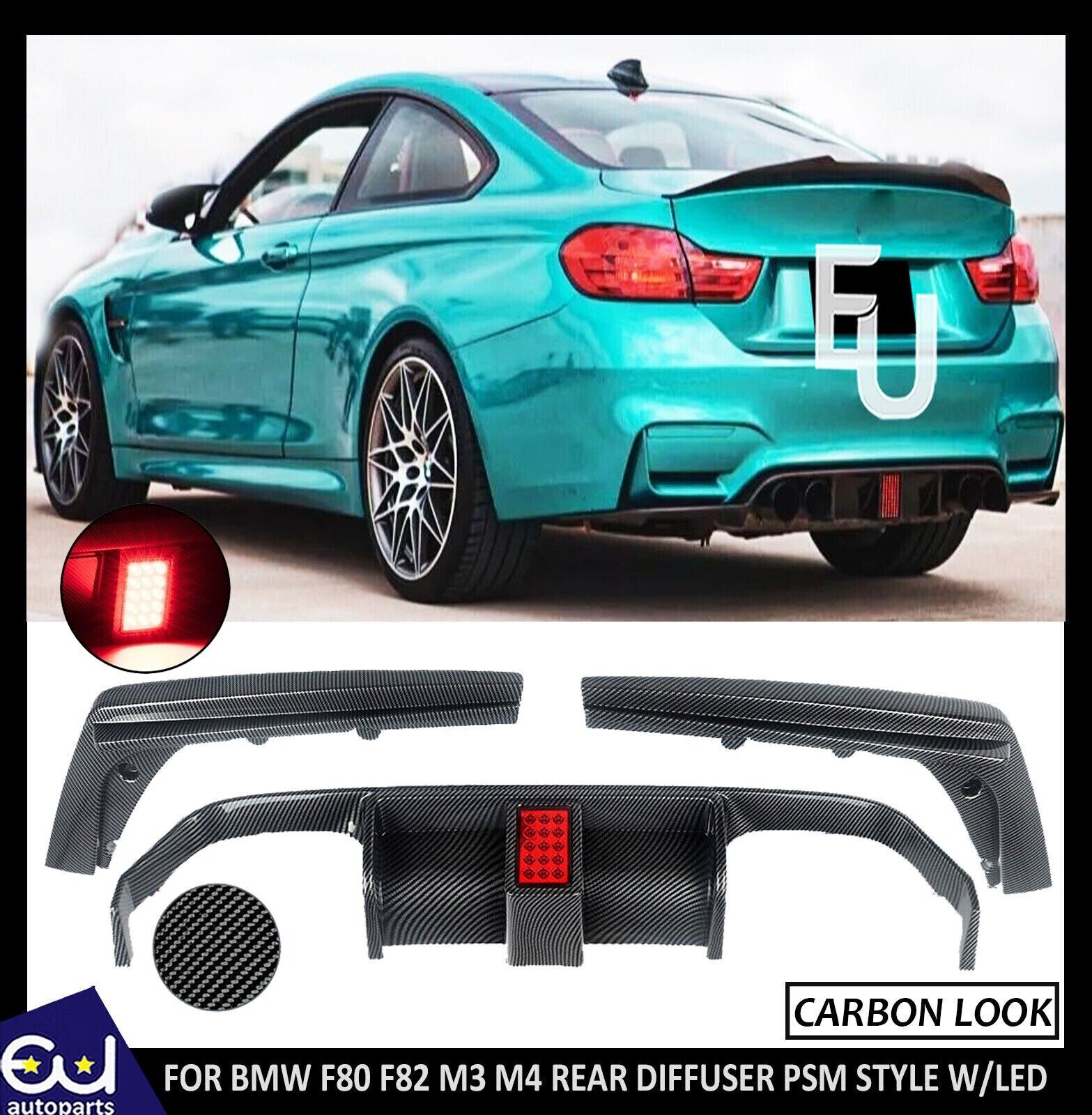 FOR BMW F80 M3 F82 F83 M4 CARBON LOOK F1 STYLE REAR DIFFUSER W/ LIGHT 2013-2020