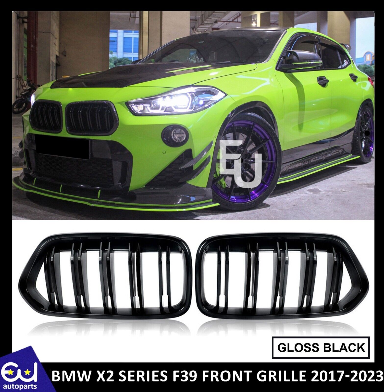 FOR BMW X2 SERIES F39 DOUBLE FRONT KIDNEY GRILLE GRILL GLOSS BLACK 2017-23