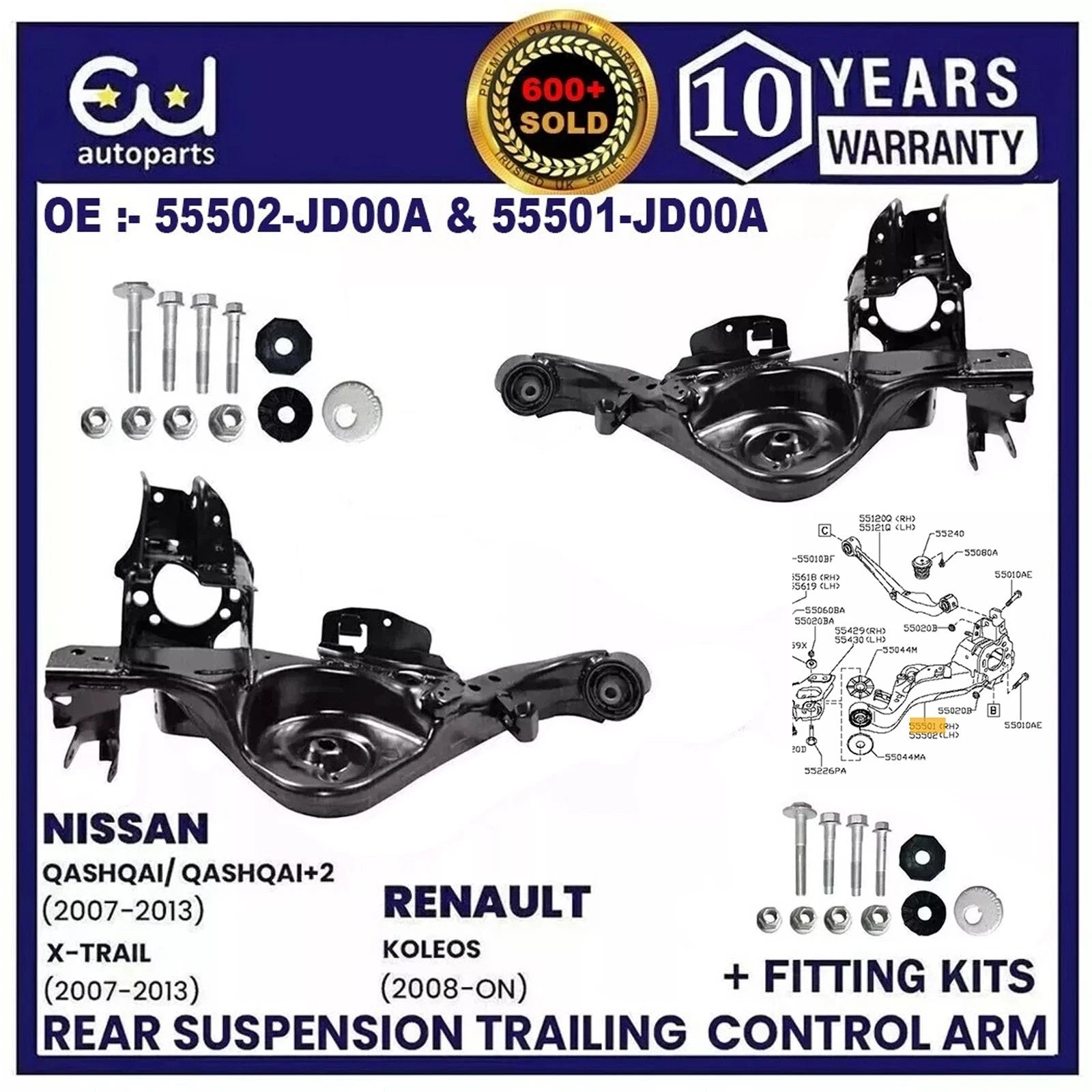 REAR LOWER PAIR SUSPENSION CONTROL TRAILING ARM FOR NISSAN QASHQAI+FITTING KITS