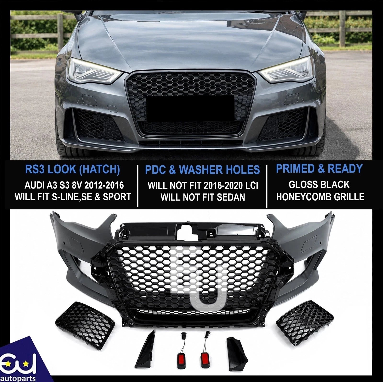 RS3 STYLE FRONT BUMPER CONVERSION KIT FOR AUDI A3 8V 2012-2016 HATCHBACK