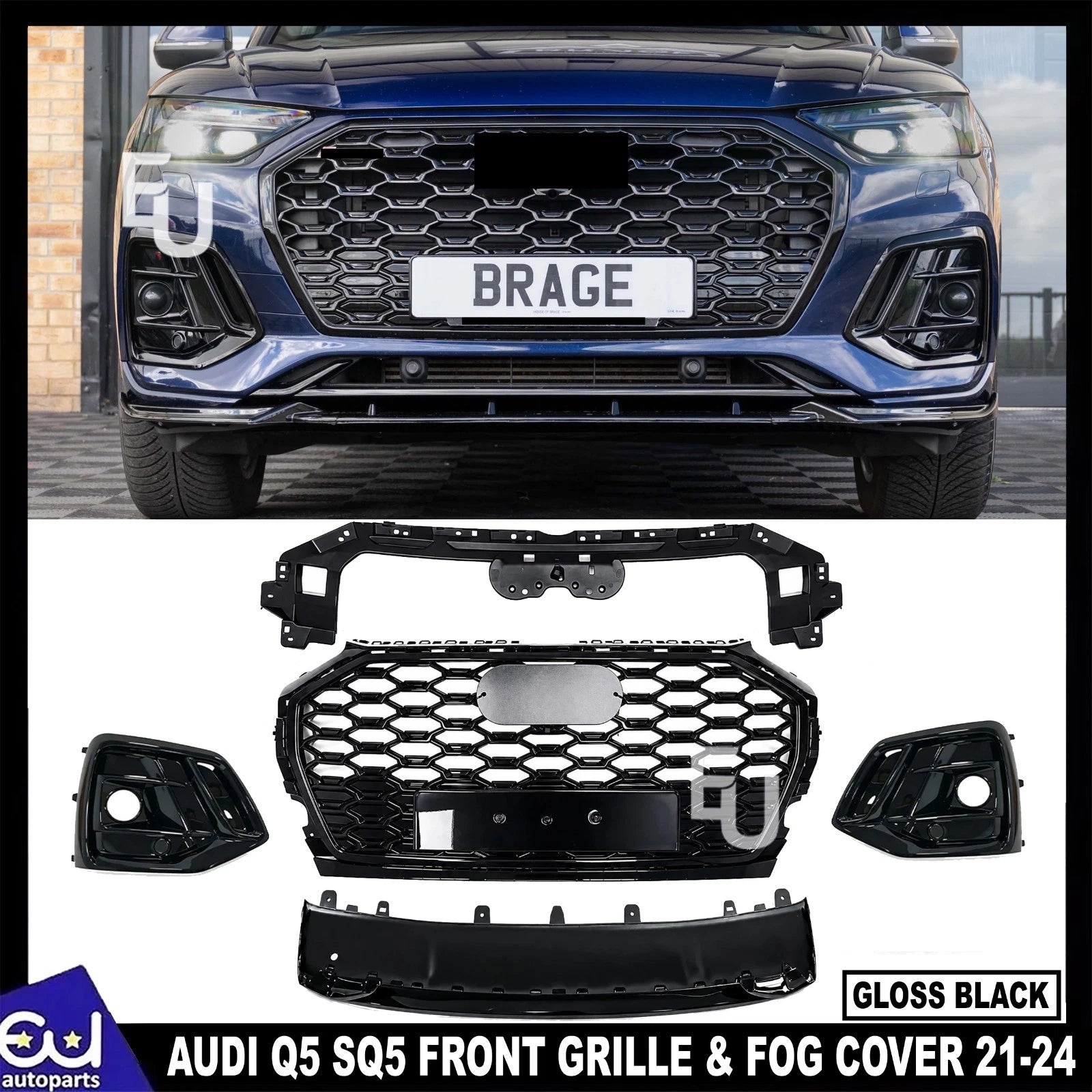 FOR AUDI Q5 SQ5 FY 21-24 RSQ5 STYLE FRONT HONEYCOMB GRILLE FOG COVERS TRIM BLACK
