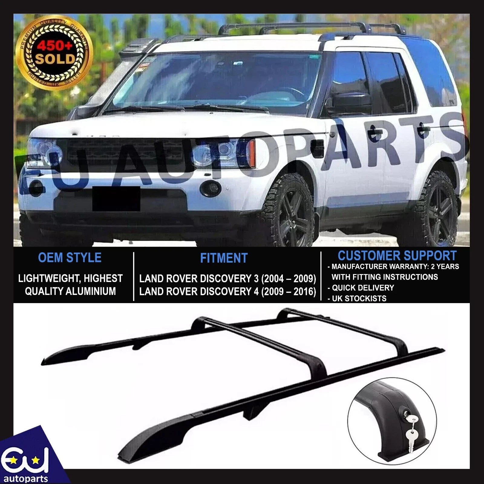 FOR LAND ROVER DISCOVERY 3 & 4 FULL BLACK RACK ROOF RAILS CROSS BARS ANTI THEFT