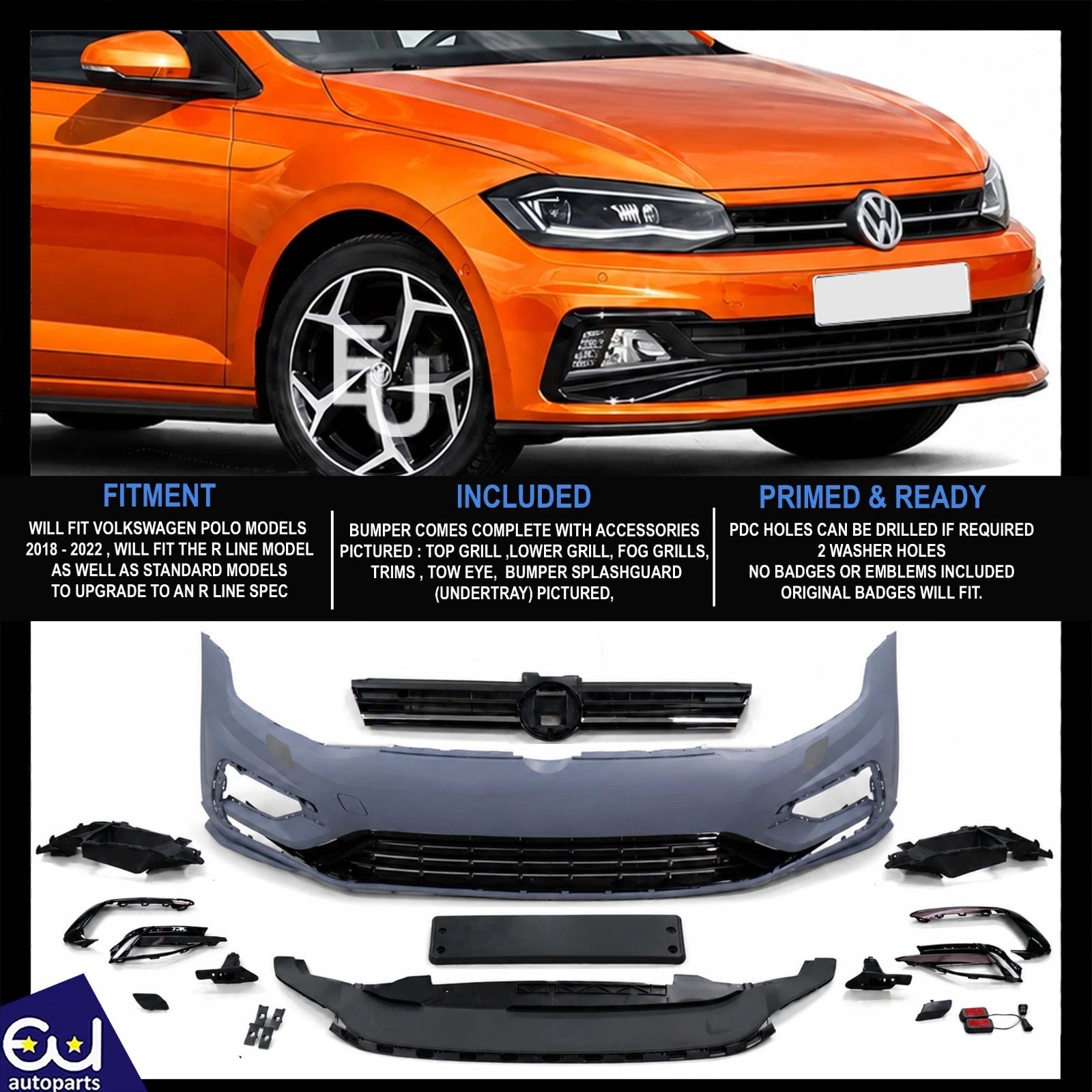 FOR VW VOLKSWAGEN POLO R LINE MK8 2018-2022 FRONT BUMPER COMPLETE GRILL & TRIMS