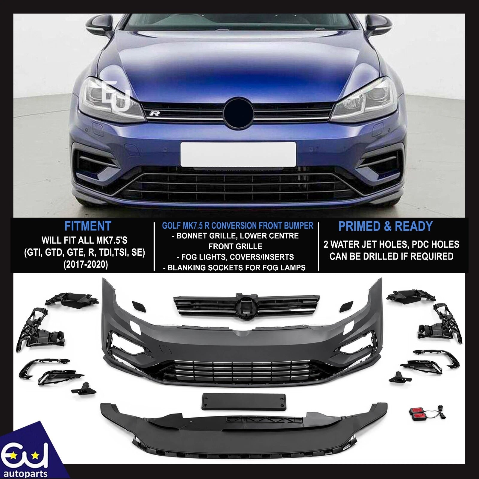 R CONVERSION FRONT BUMPER BODYKIT FOR GOLF MK7.5 2017-2020 FITS GTD TDI TSI SE
