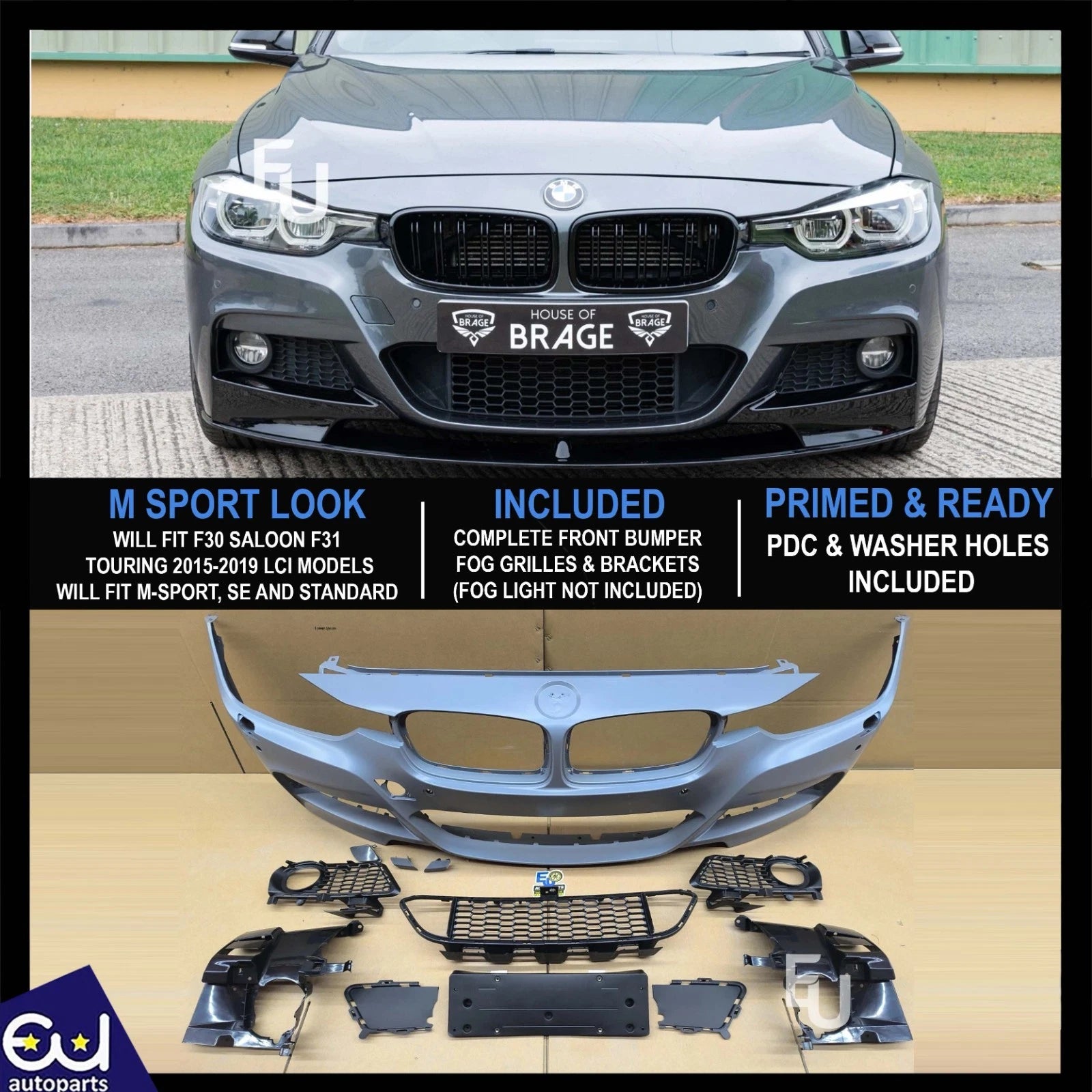 FOR BMW 3 SERIES F30 F31 M SPORT LOOK FRONT BUMPER BODYKIT W/PDC GRILL 2015-2019