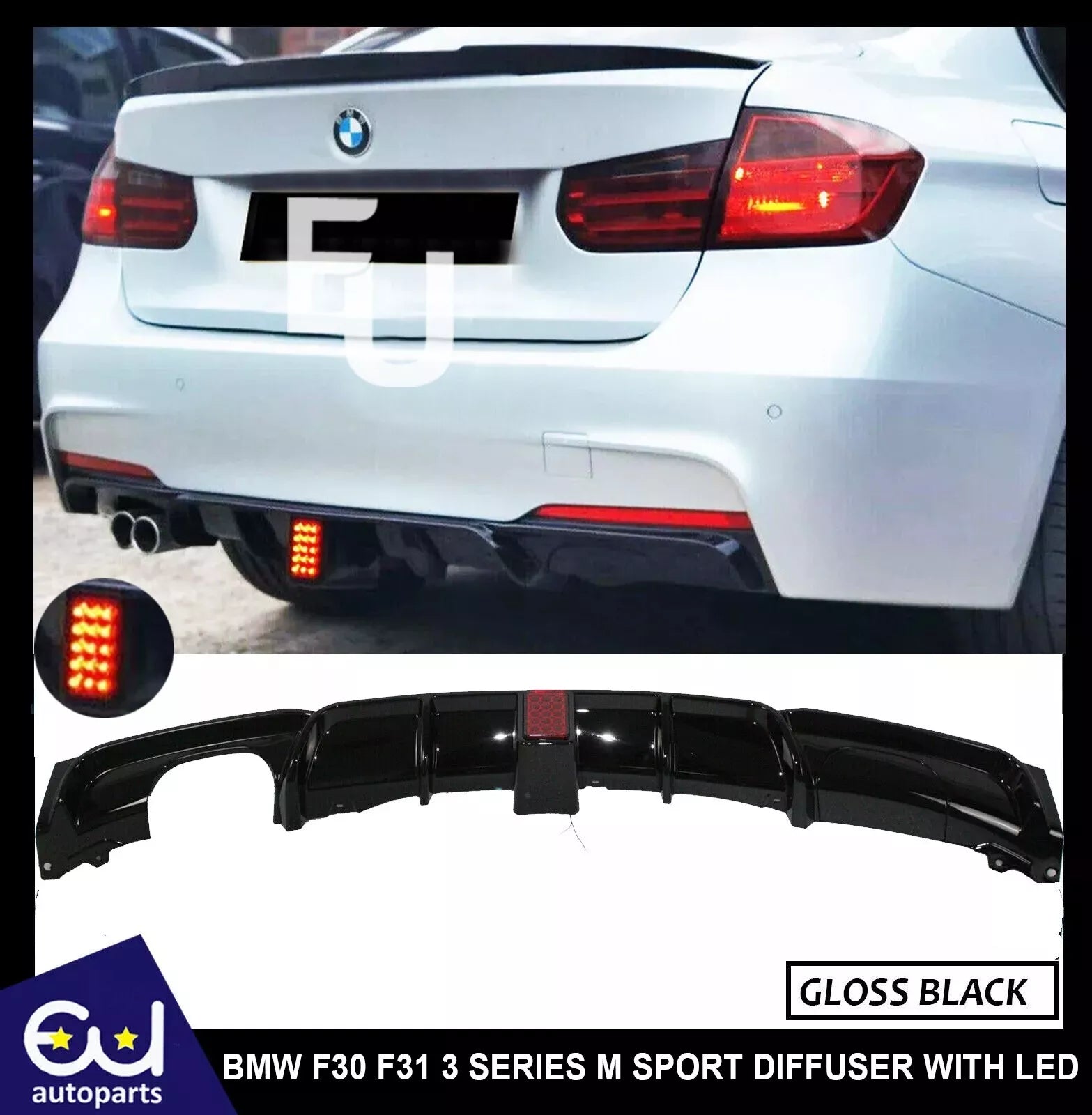 FOR BMW F30 F31 3 SERIES REAR DIFFUSER M SPORT TWIN EXHAUST GLOSS BLACK WITH LED
