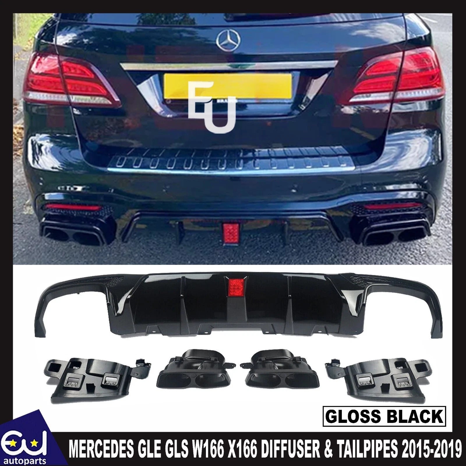 FOR MERCEDES GLE GLS W166 X166 REAR DIFFUSER WITH LIGHT & TAILPIPES BLACK 15-19
