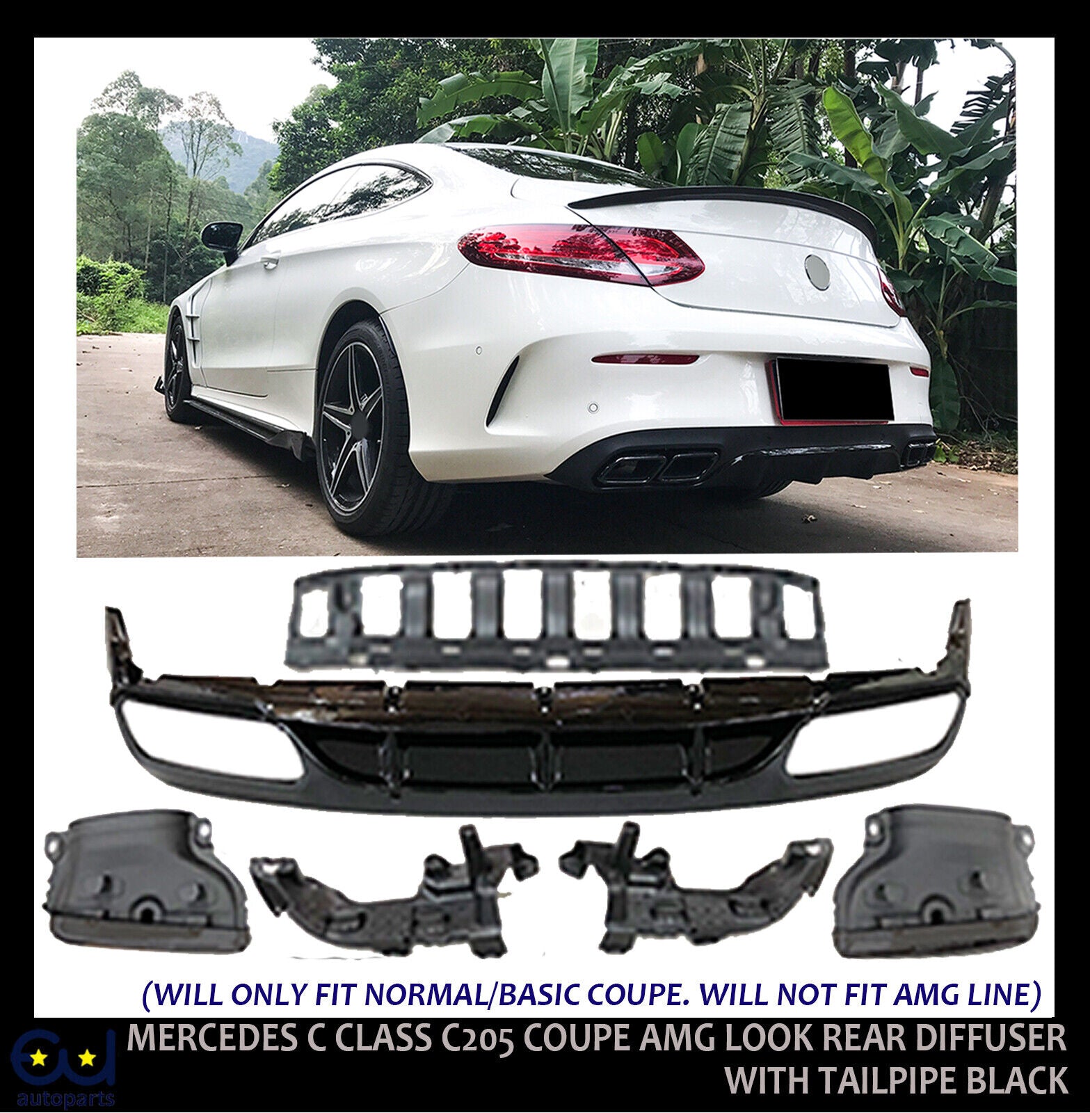 FOR MERCEDES C CLASS C205 COUPE AMG C63 LOOK REAR DIFFUSER WITH TAILPIPE BLACK