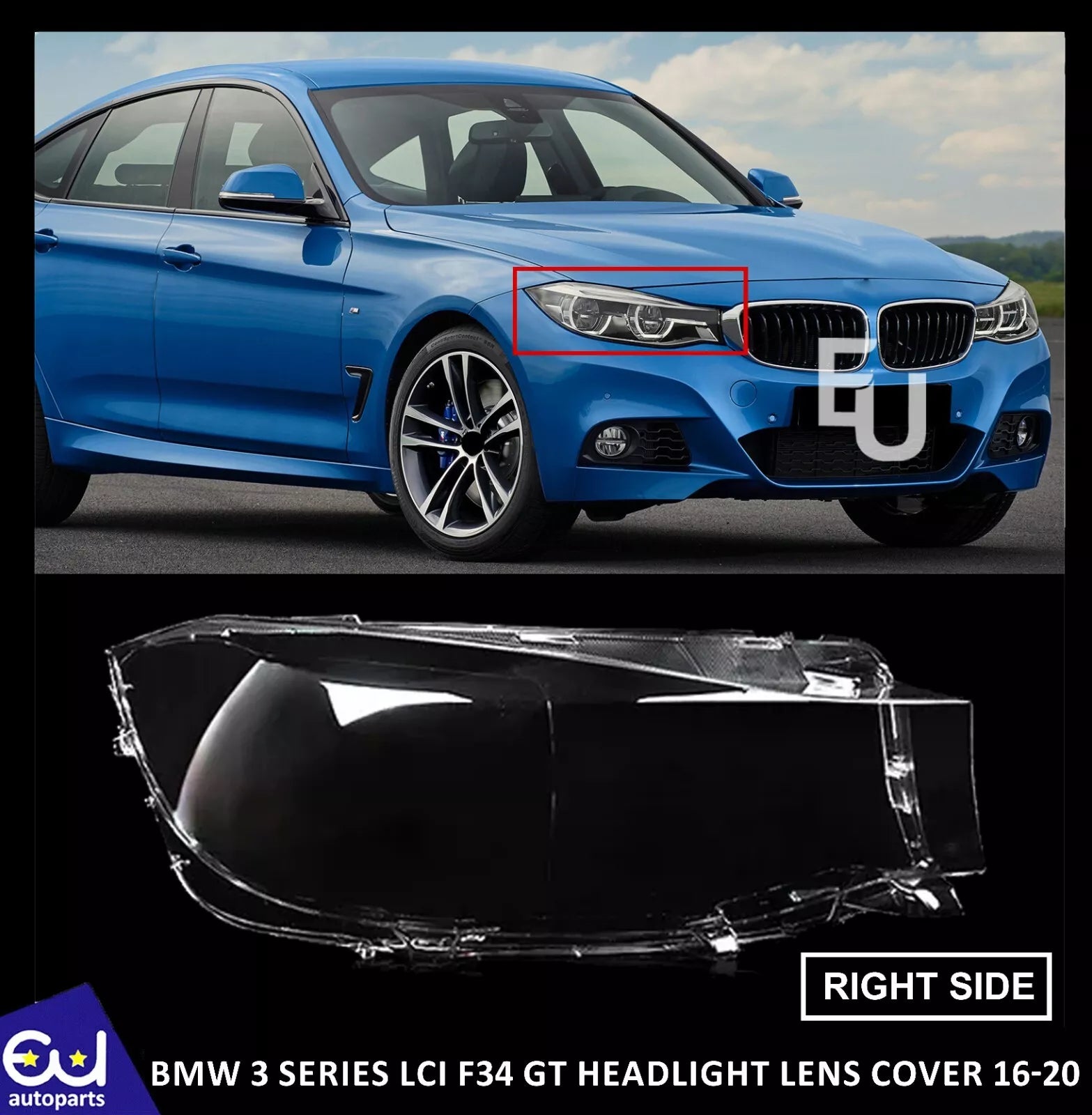 HEADLIGHT LENS COVER FOR BMW 3 SERIES F34 GT LCI 16-20 HEADLAMP SHELL RIGHT SIDE