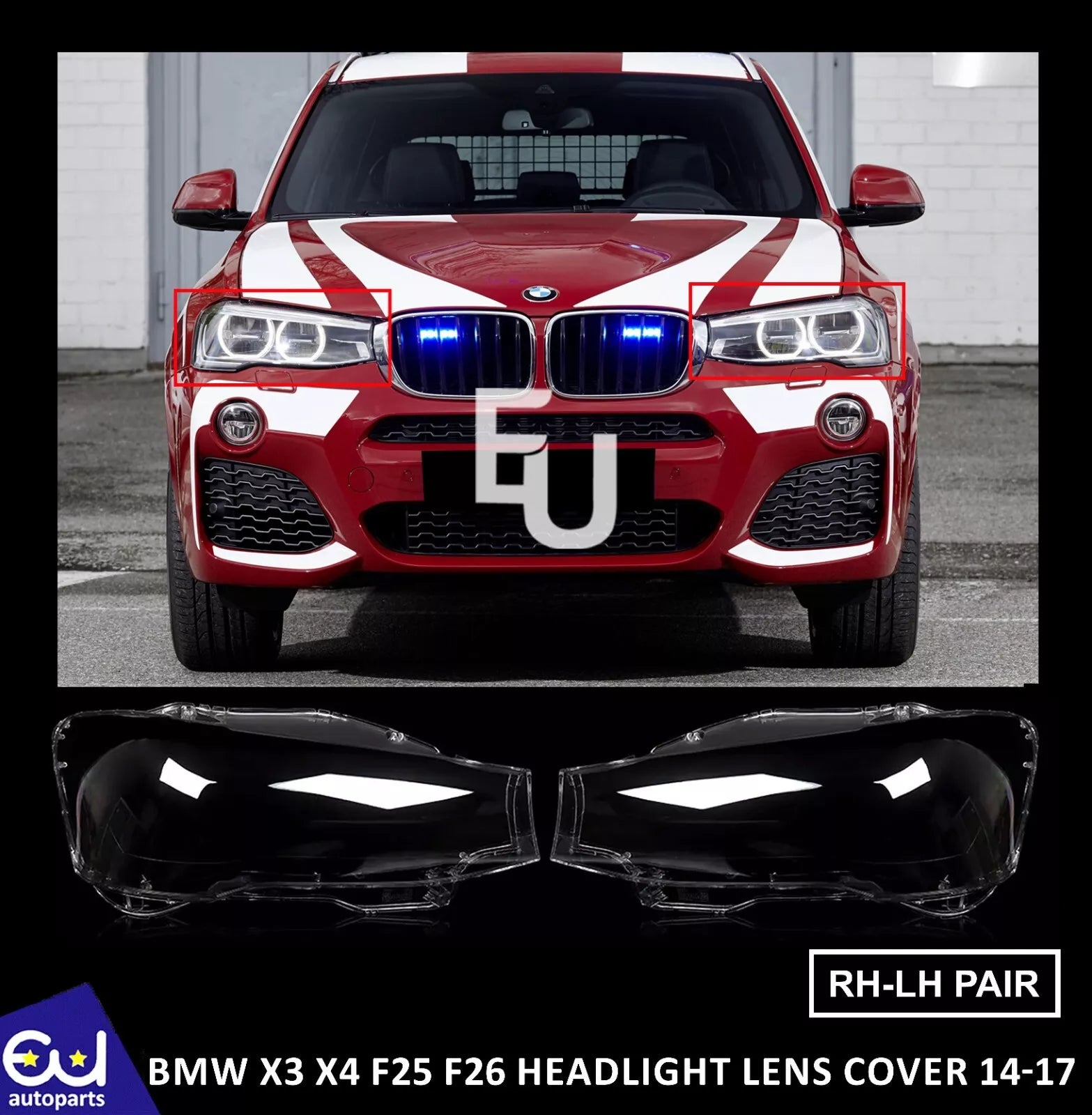 PAIR FOR BMW X3 X4 F25 F26 2014-2017 HEADLIGHT LENS COVER REPLACEMENT LEFT RIGHT