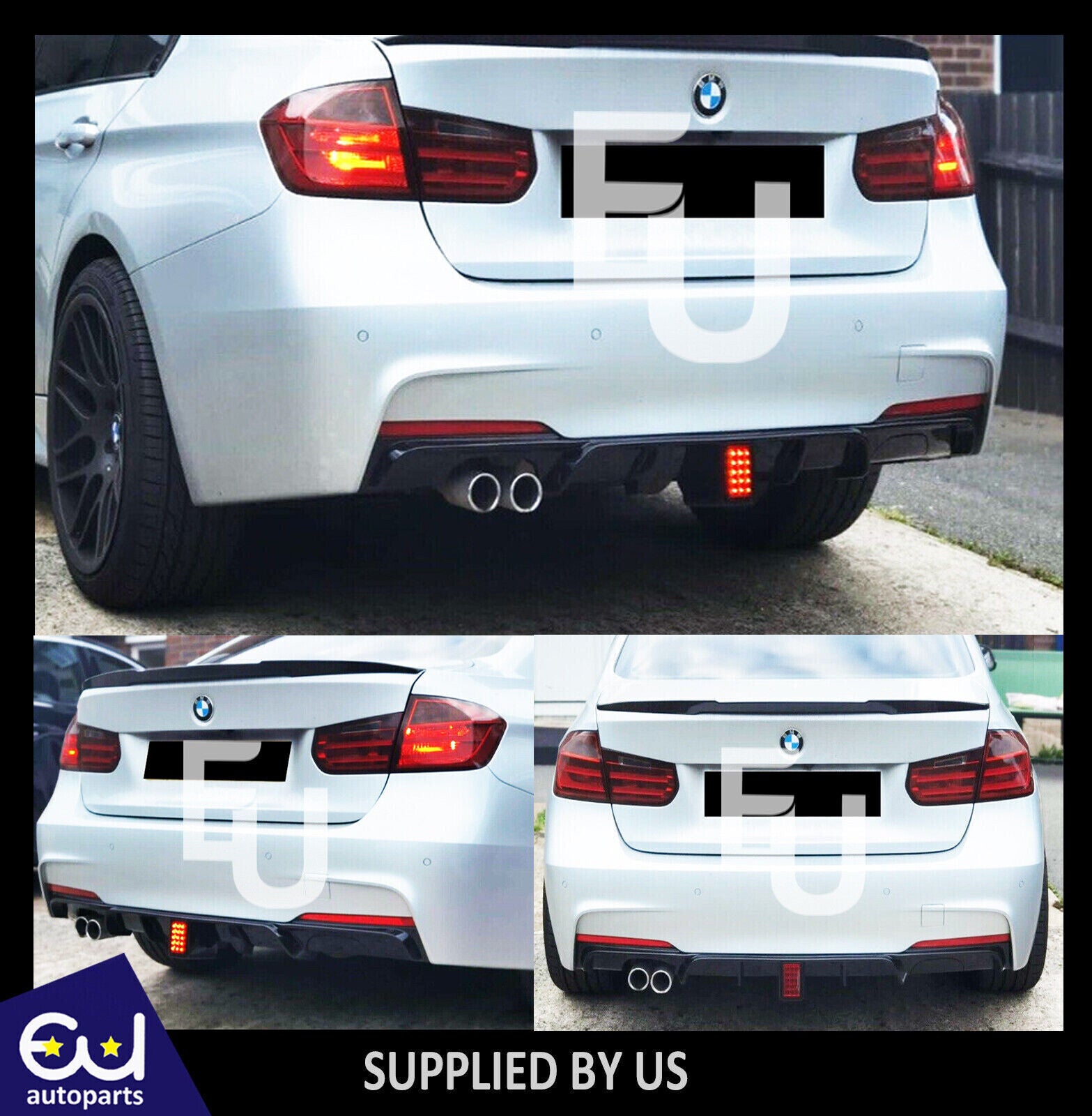 FOR BMW F30 F31 3 SERIES REAR DIFFUSER M SPORT TWIN EXHAUST GLOSS BLACK WITH LED
