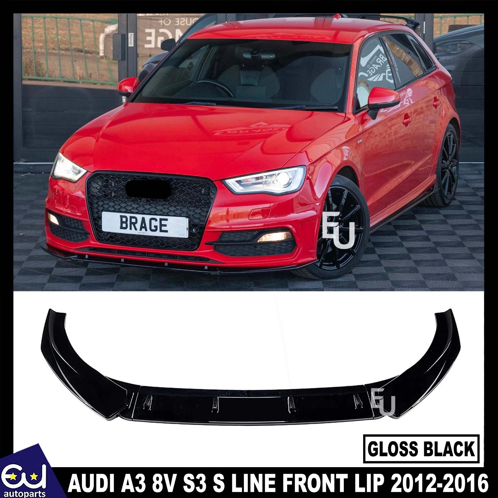 FOR AUDI A3 8V S3 S LINE GLOSS BLACK FRONT SPLITTER SPOILER LIP BODY 2012-16