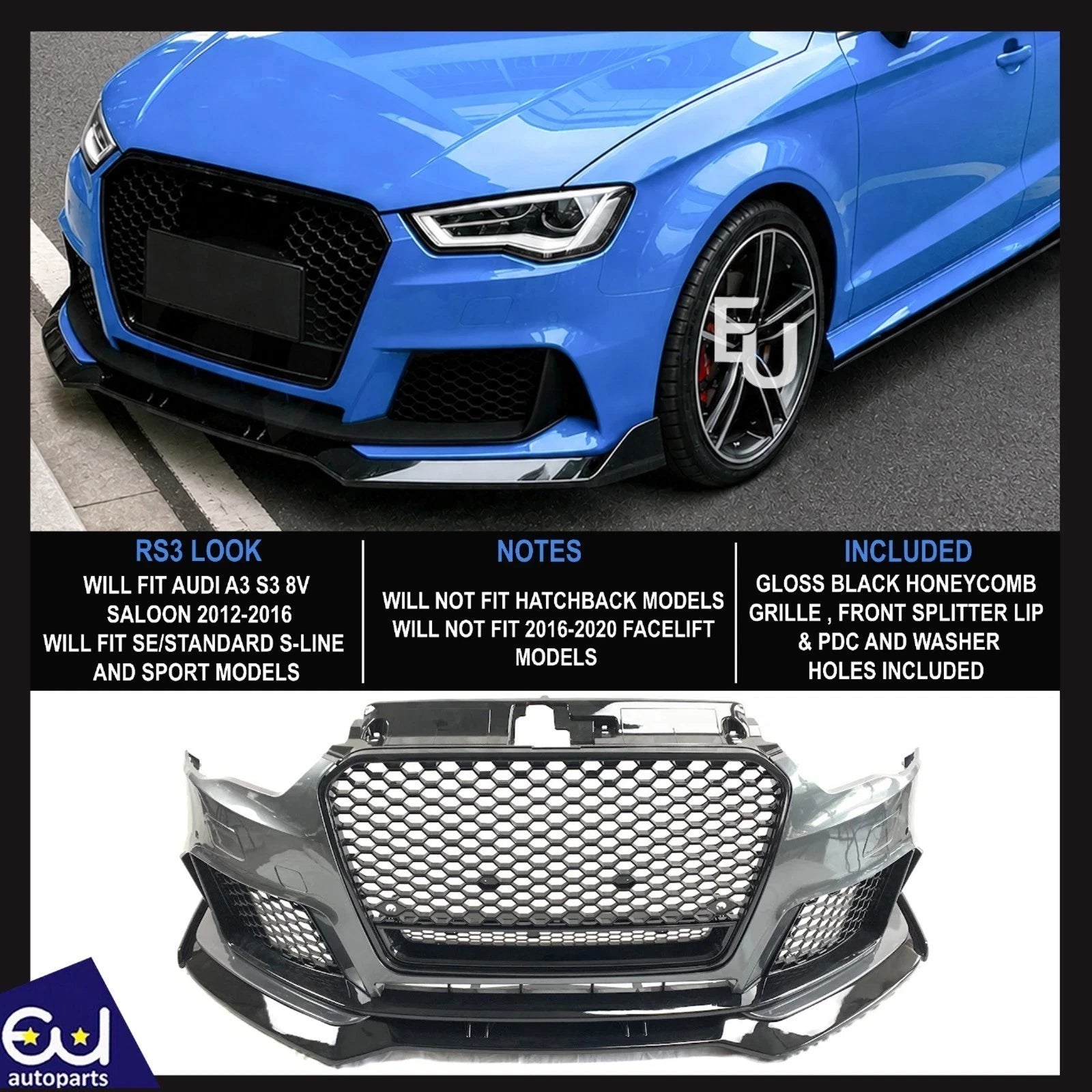 RS3 STYLE FRONT BUMPER CONVERSION KIT FOR AUDI A3 S3 8V 2012-16 SEDAN W/SPLITTER