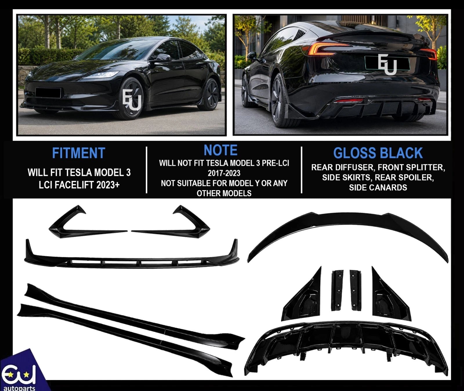FOR TESLA MODEL 3 AERO BODY KIT BODYKIT FRONT SPLITTER SKIRT REAR DIFFUSER 23+