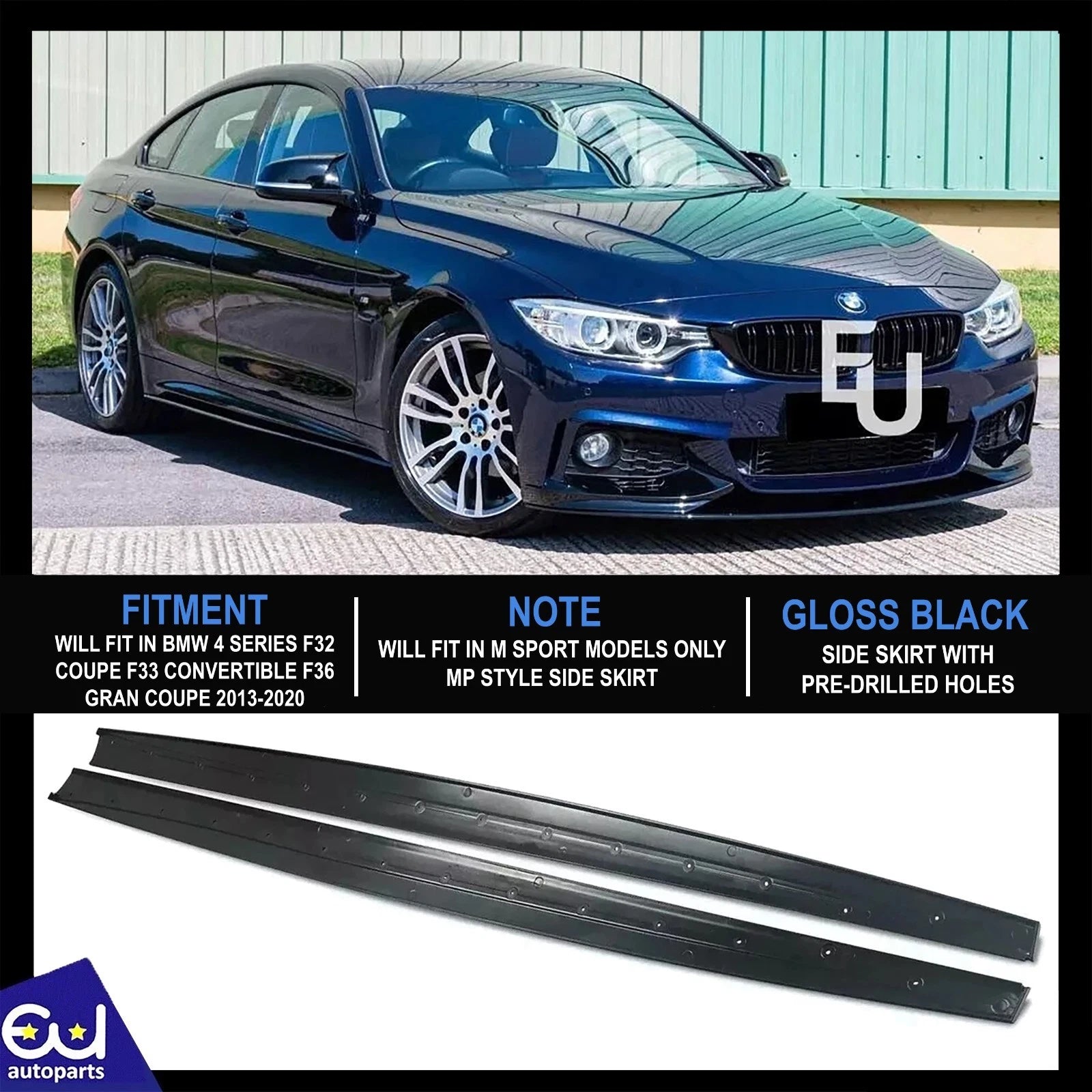 FOR BMW 4 SERIES F32 F33 F36 M SPORT SIDE SKIRT EXTENSION BLADES LIP GLOSS BLACK