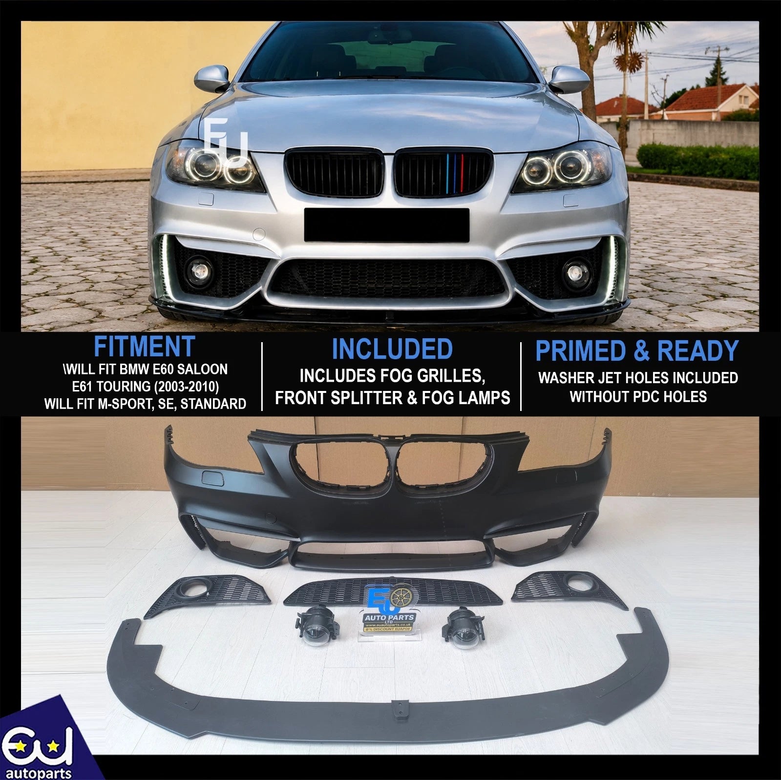 FOR BMW 5 SERIES E60 E61 2003-2010 M4 STYLE FRONT BUMPER SPLITTER WASHER HOLES