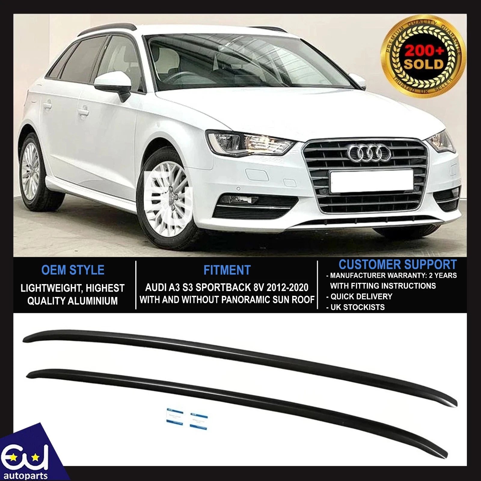 FOR AUDI A3 S3 RS3 SPORTBACK 8V ROOF RAILS RACK CROSS BARS ALUMINIUM BLACK 12+