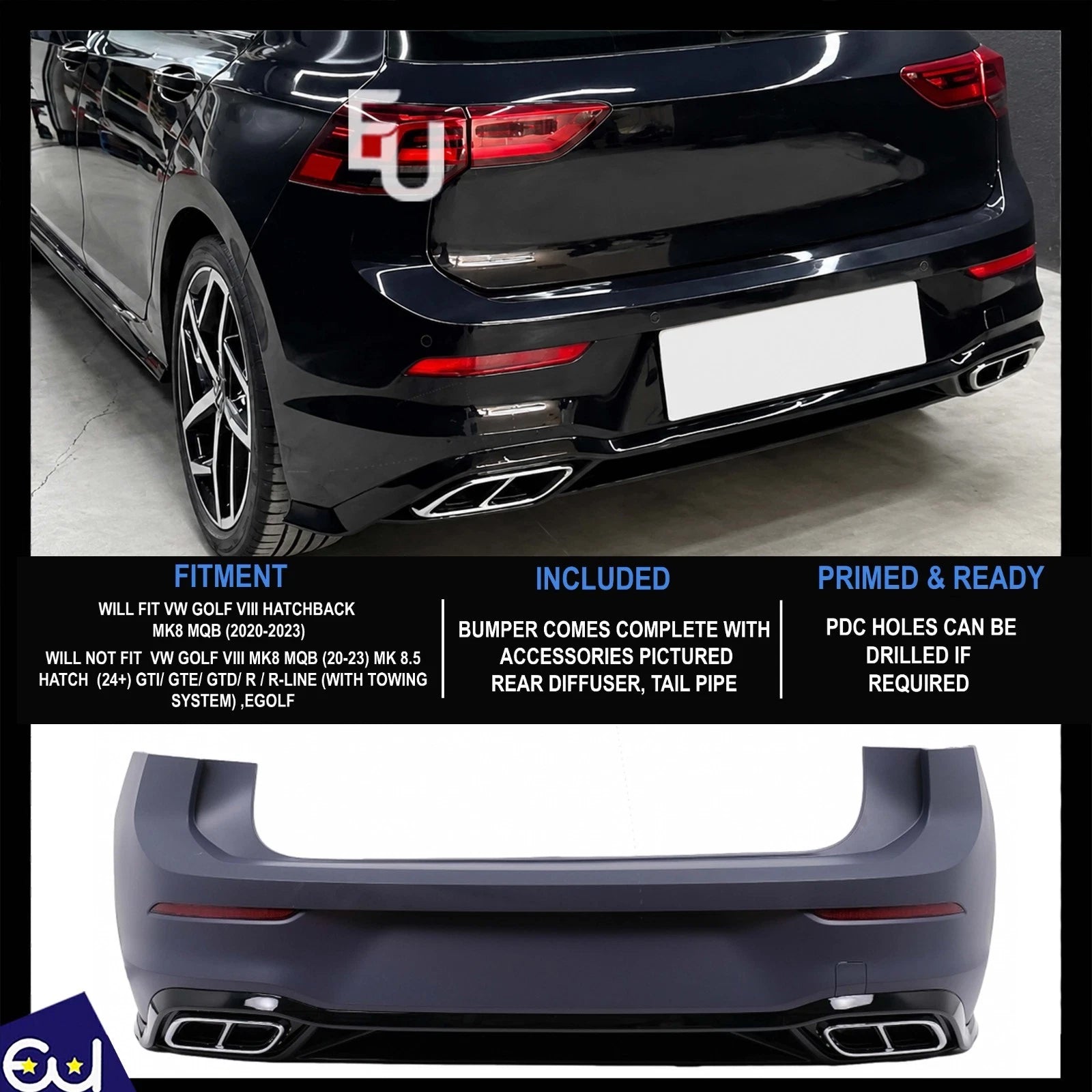 FOR VW GOLF MK8 R LINE 20-24 REAR BUMPER COMPLETE DIFFUSER TRIMS REFLECTORS NEW