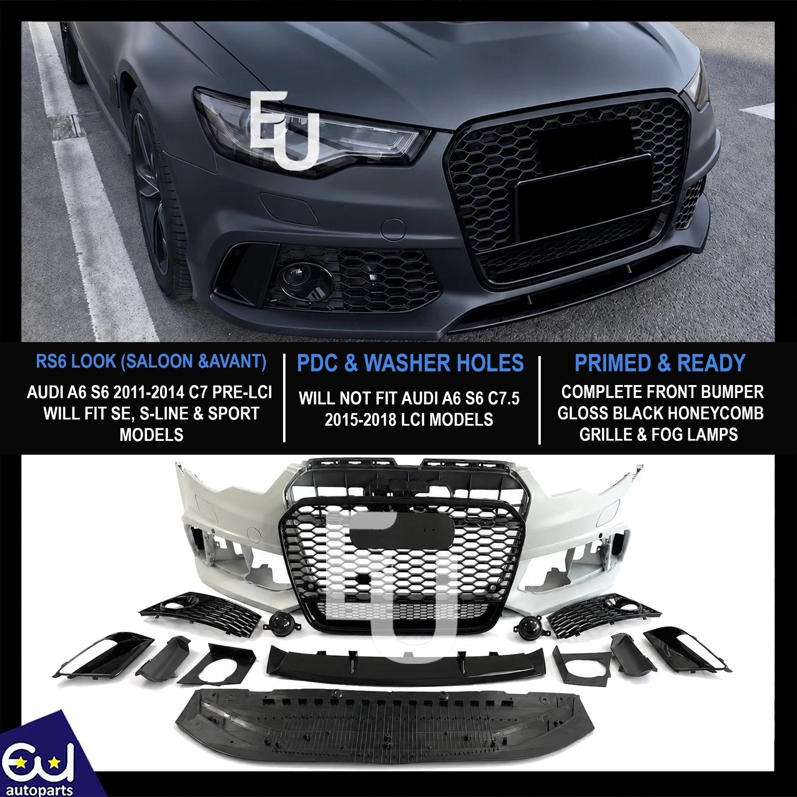 RS6 LOOK FRONT BUMPER CONVERSION BODYKIT FOR AUDI A6 S6 C7 4G 2011-2014 GRILLE
