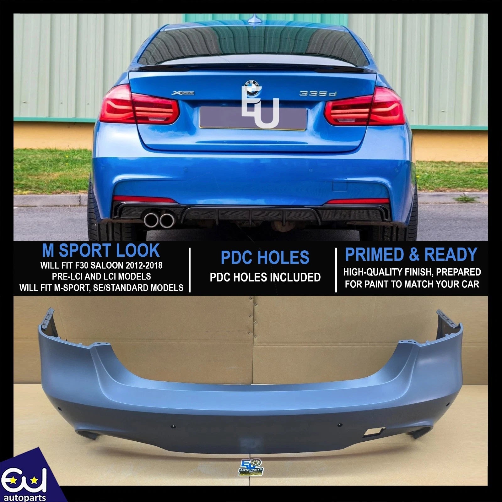 FOR BMW 3 SERIES F30 REAR BUMPER PRIMED M SPORT WITH PARKING SENSOR HOLES 11-19
