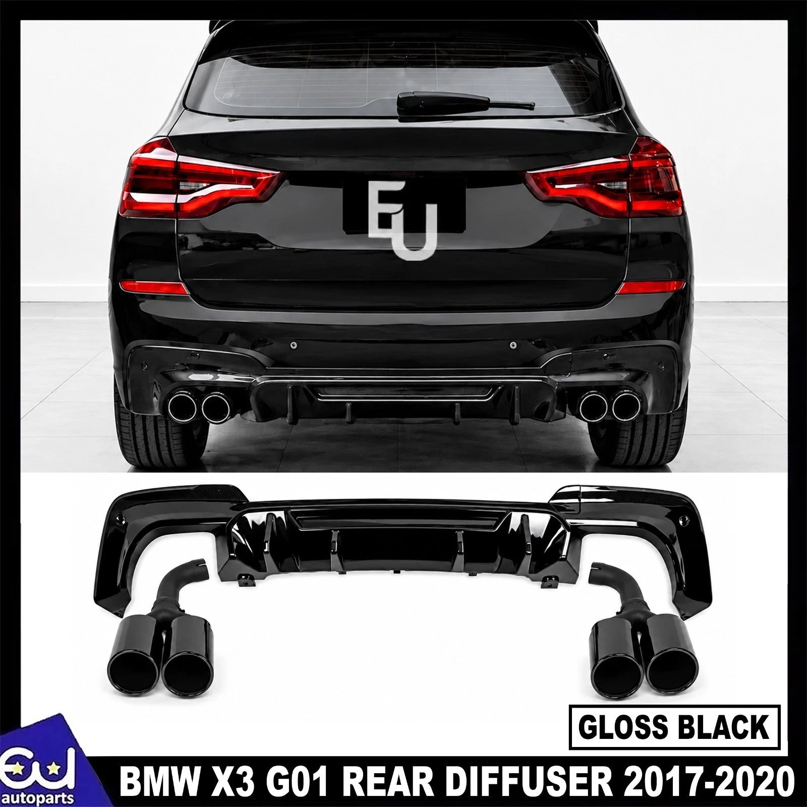 REAR DIFFUSER WITH TAIL PIPE FOR BMW X3 G01 MP X3M LOOK GLOSS BLACK 2017-2020