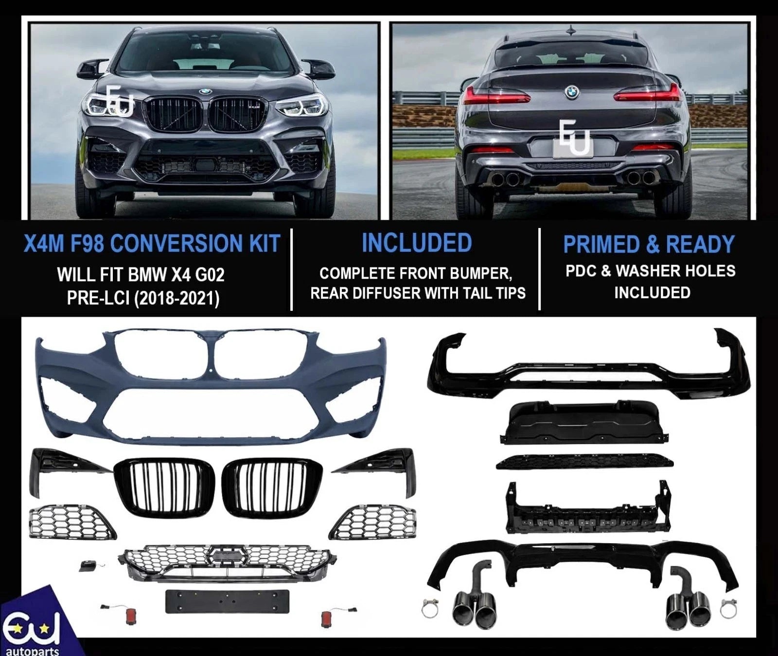 FOR BMW X4 G02 18-21 X4M F98 CONVERSION FRONT REAR BUMPER BODY KIT REAR DIFFUSER