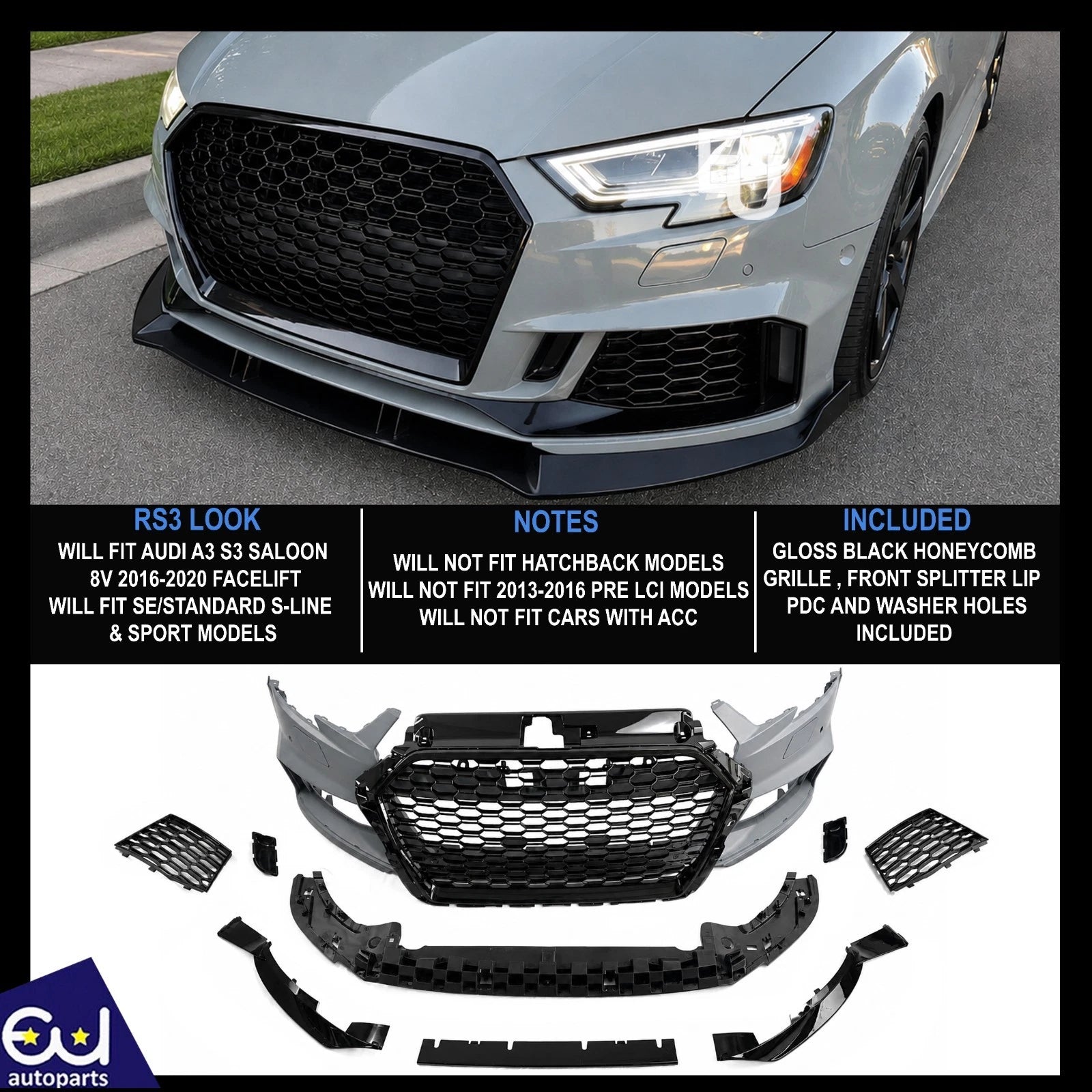 FRONT BUMPER RS3 STYLE LOOK CONVERSION FOR AUDI A3 SEDAN 8V 2016-2020 W/SPLITTER