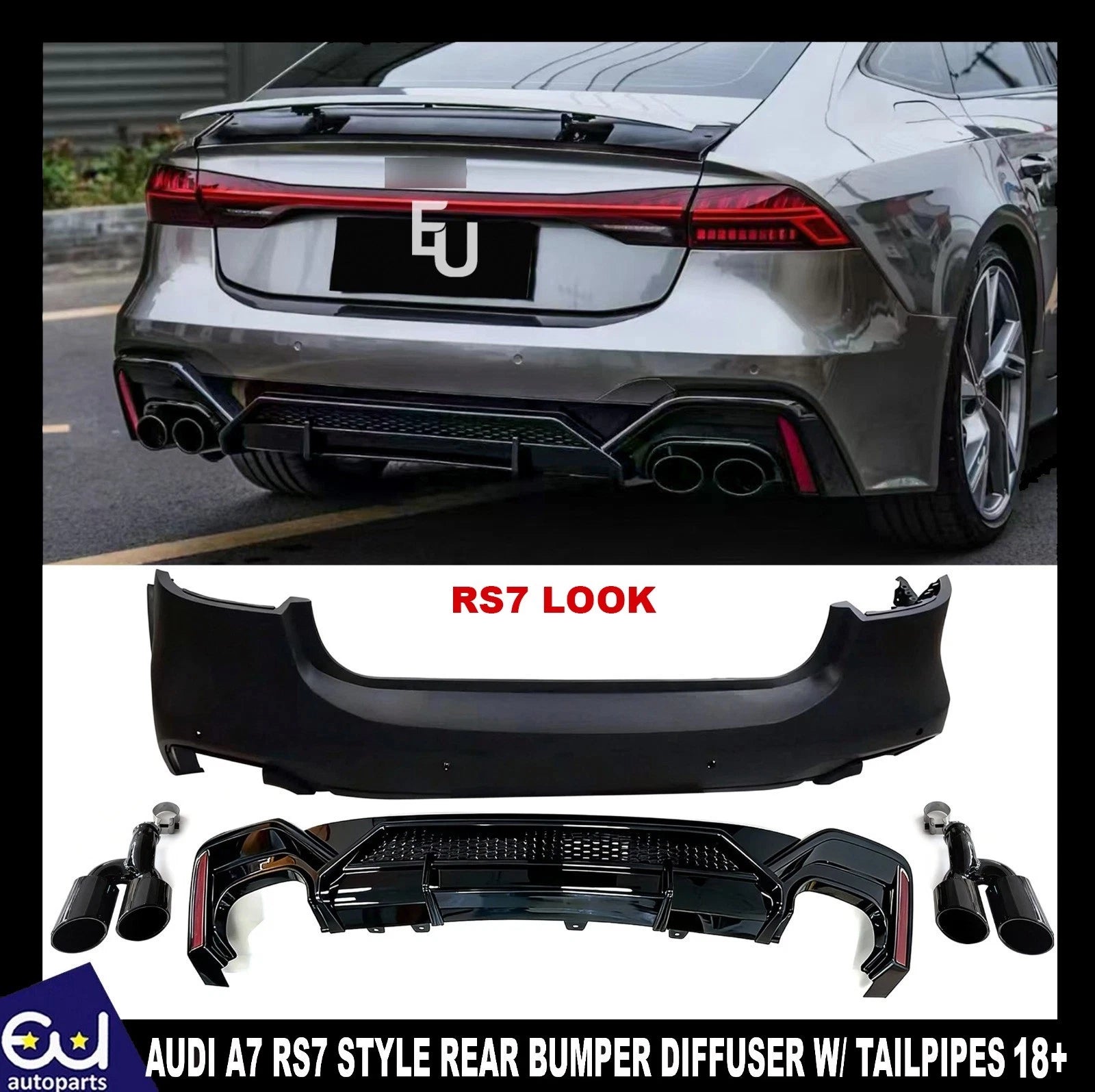 RS7 ABT STYLE REAR BUMPER DIFFUSER TAILPIPES BODY KIT BLACK FOR AUDI A7 4K8 18+